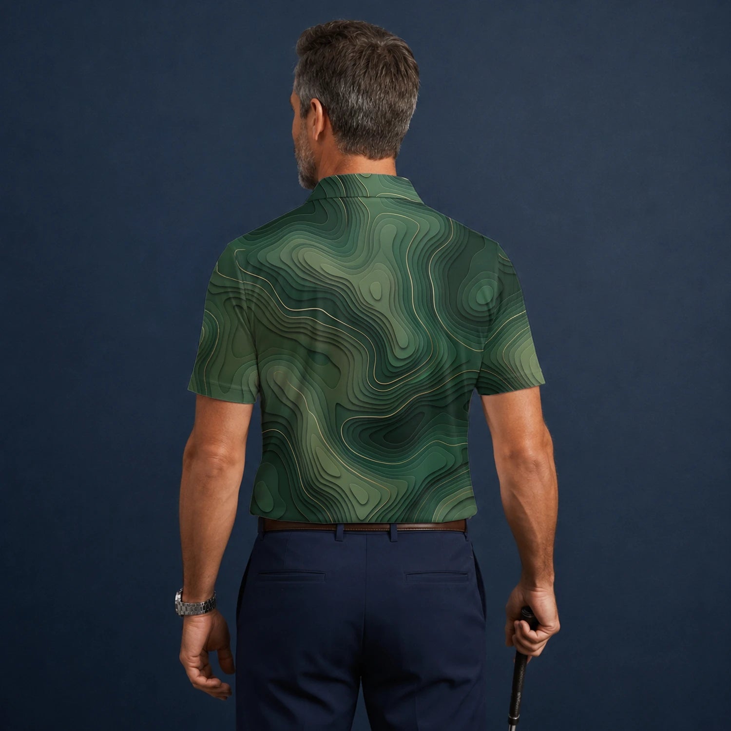 Personalisiertes Golf Poloshirt Grünes Topografisches Konturlinien Design für Herren H2497