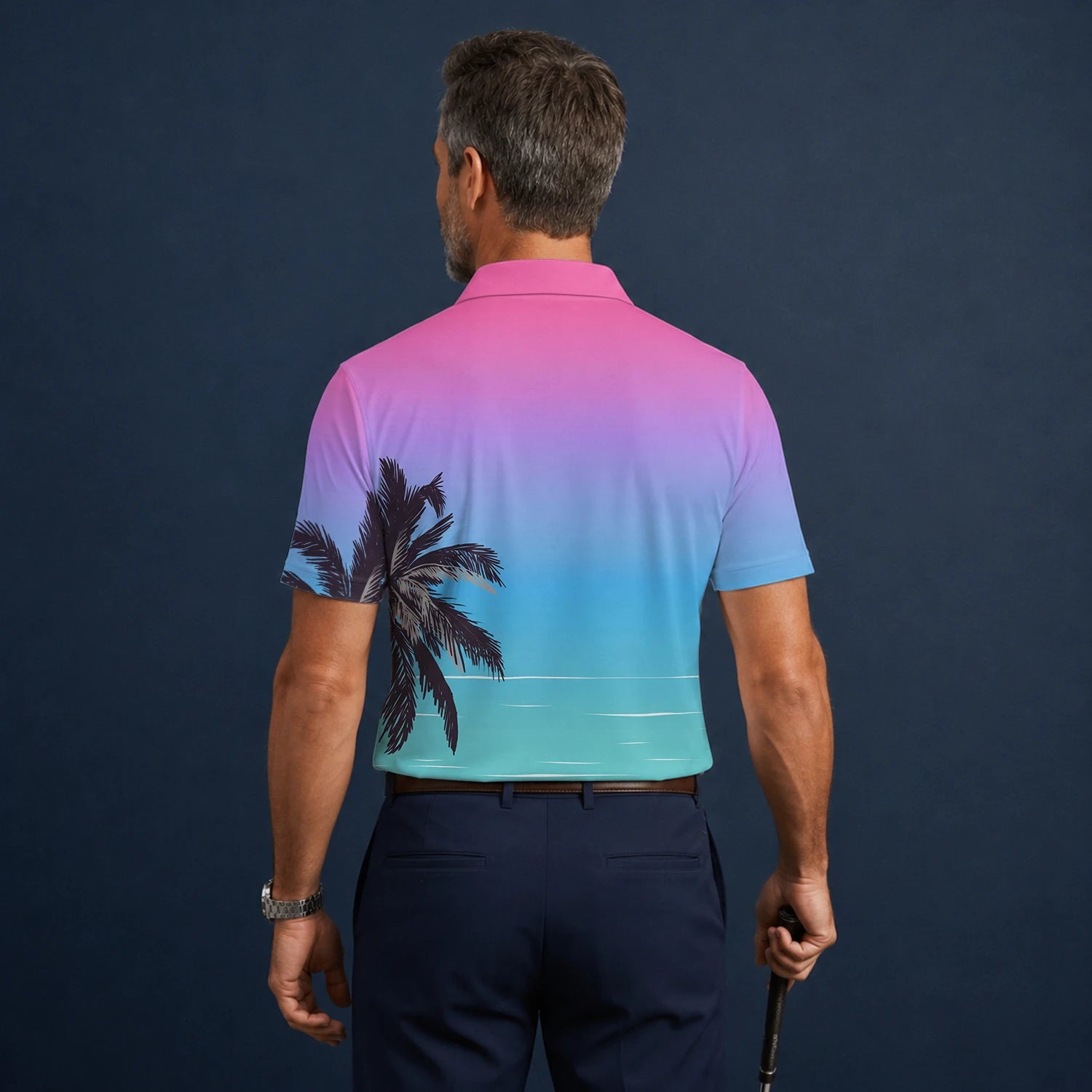 Personalisiertes Golf Poloshirt Rosa Blaues Palmen Strand Sonnenuntergang Design für Herren Q3519