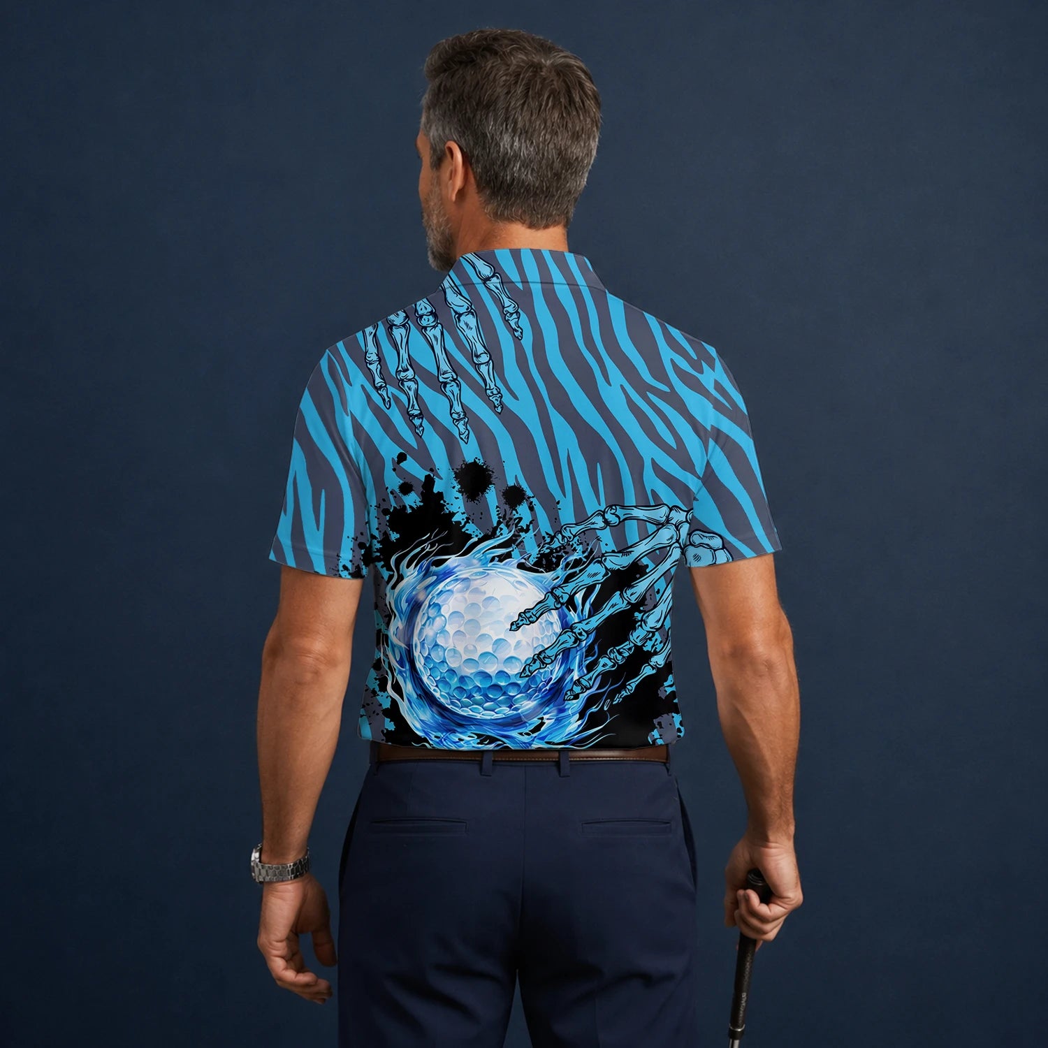 Personalisiertes Golf Poloshirt Blau Schwarzes Golfball Wasser Splash Design für Herren B9791