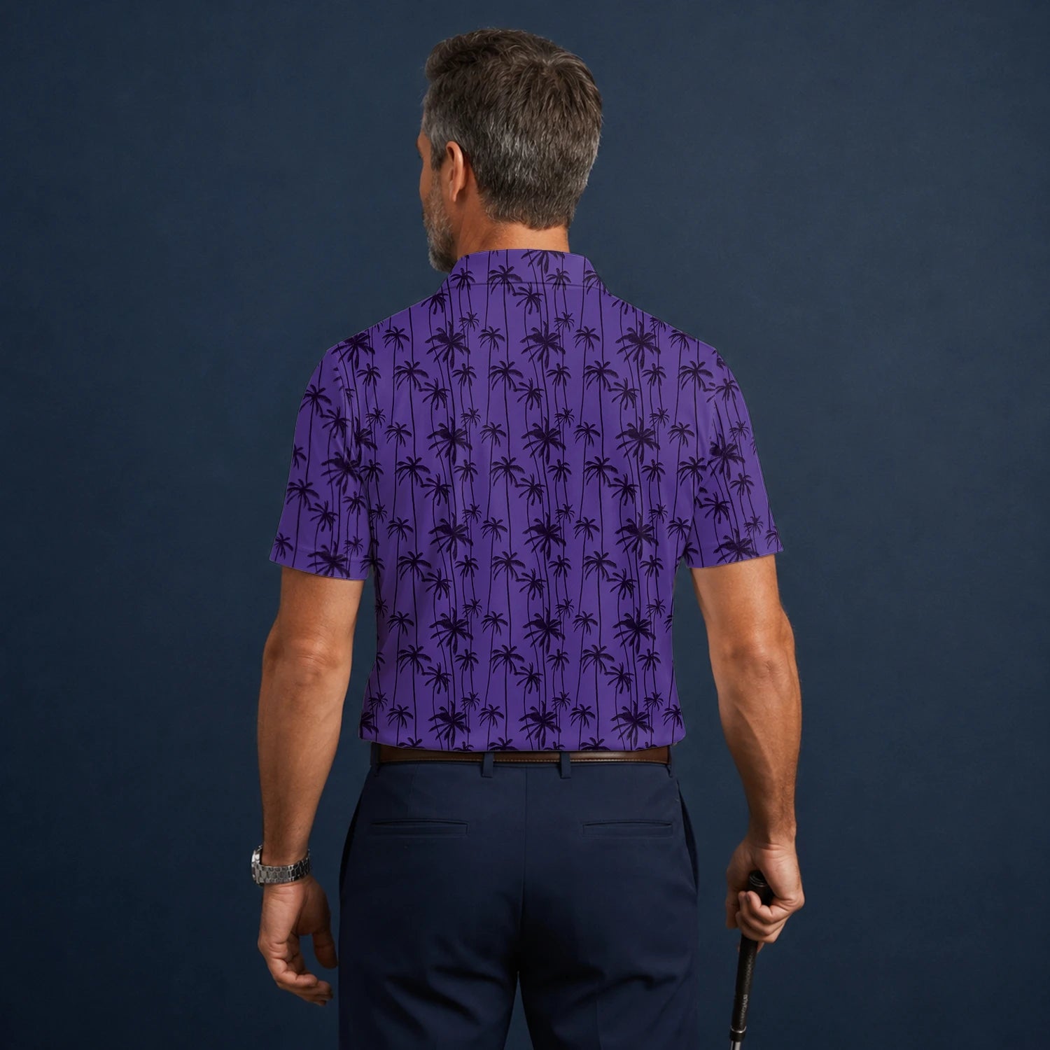 Personalisiertes Golf Poloshirt Lila Palmen Silhouetten Design für Herren P3247