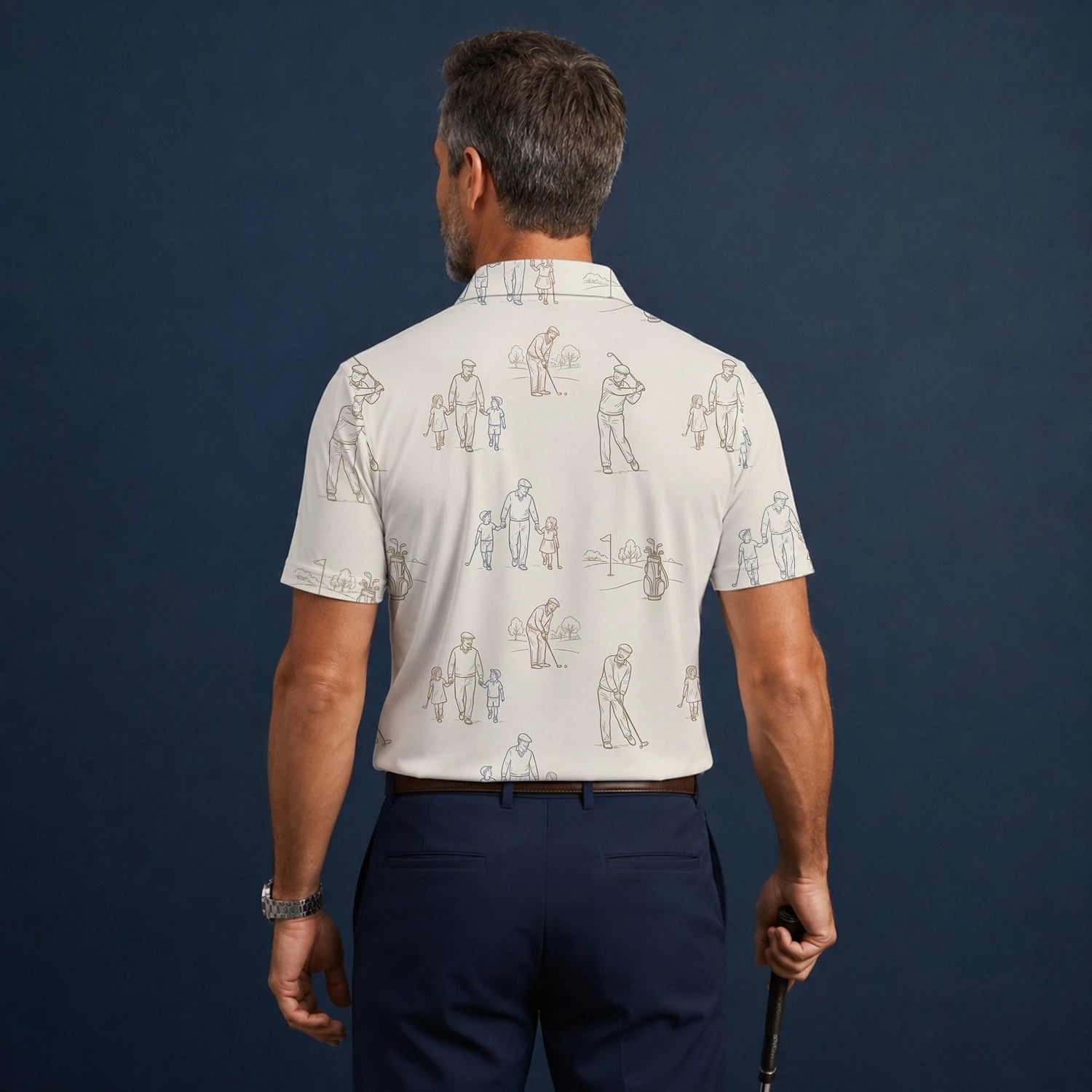 Personalisiertes Golf Poloshirt Beige Vintage Golfspieler Skizzen Design für Herren D6556