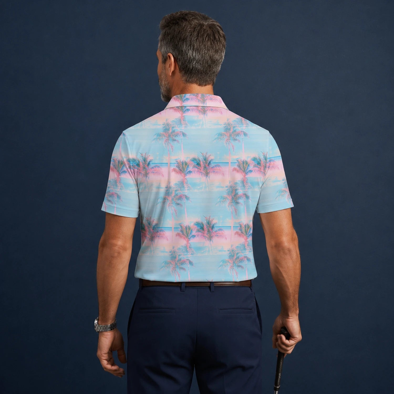 Personalisiertes Golf Poloshirt Pastellblau Rosa Palmen Sonnenuntergang Design für Herren G4431