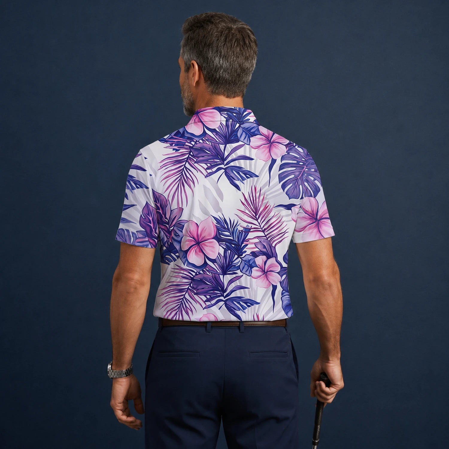 Personalisiertes Golf Poloshirt Weiß Lila Tropisches Hibiskus Blätter Design für Herren H1054