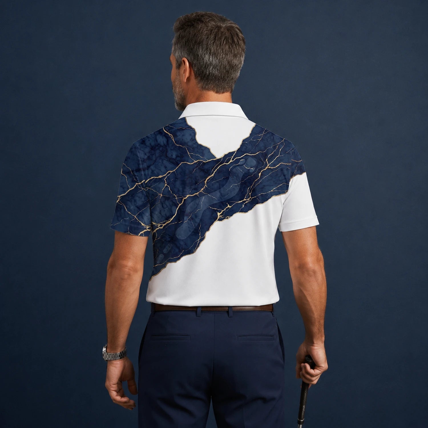 Personalisiertes Golf Poloshirt Weiß Marineblaues Marmor Goldadern Design für Herren B4939