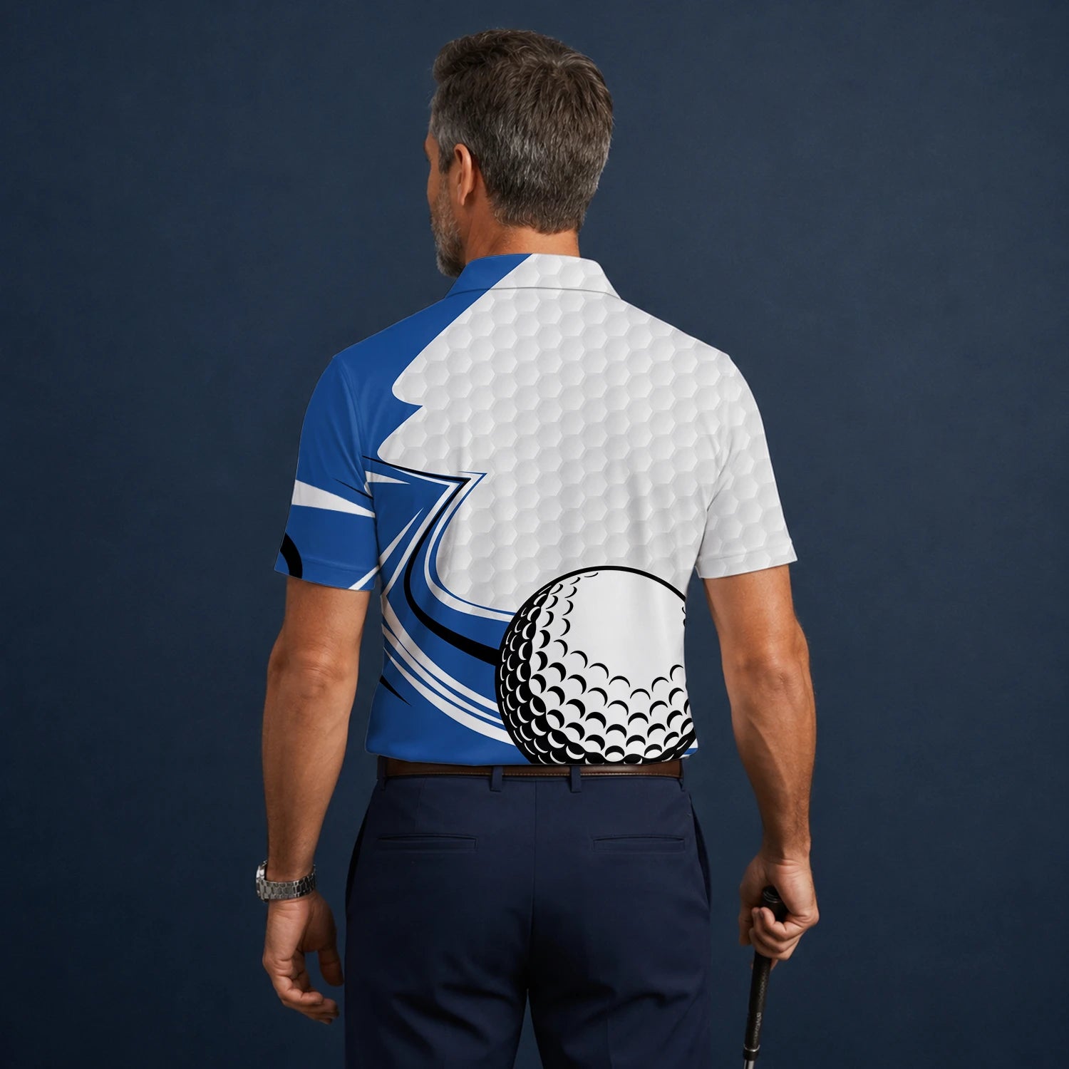 Personalisiertes Golf Poloshirt Weiß Blaues Golfball Waben Design für Herren S7973