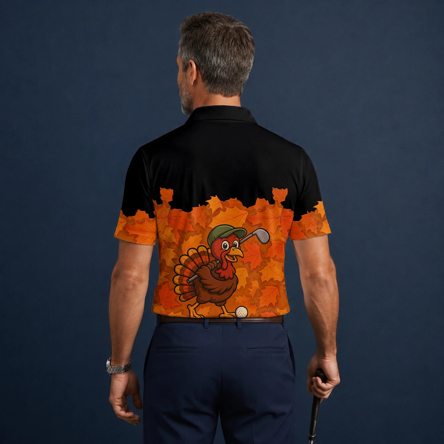 Personalisiertes Golf Poloshirt Schwarz Orange Thanksgiving Truthahn Golfer Design für Herren W0964