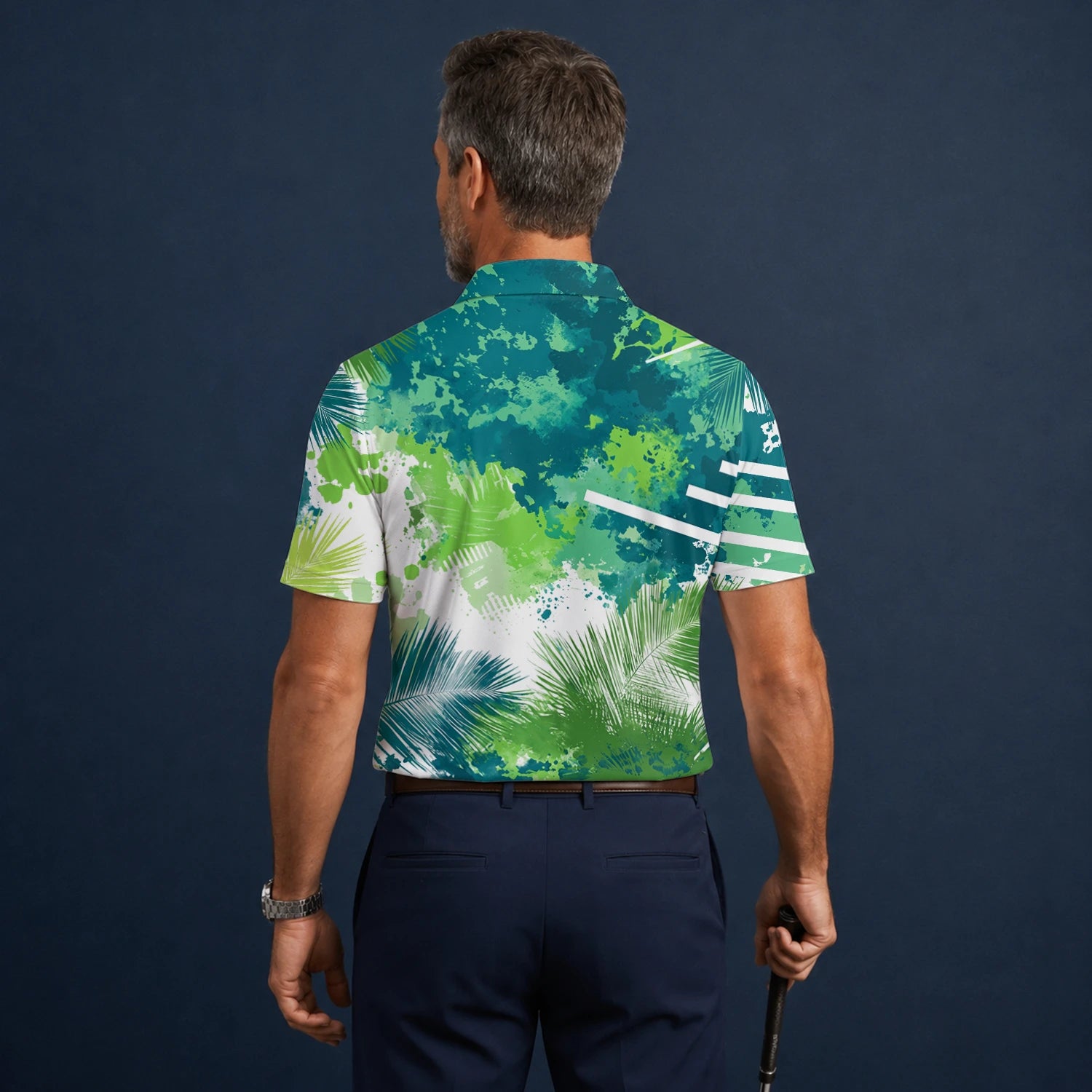 Personalisiertes Golf Poloshirt Grün Blaues Tropisches Blätter Farbklecks Design für Herren B7869