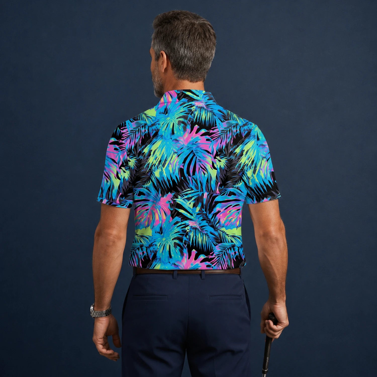 Personalisiertes Golf Poloshirt Schwarz Neon Tropisches Blätter Design für Herren D2207