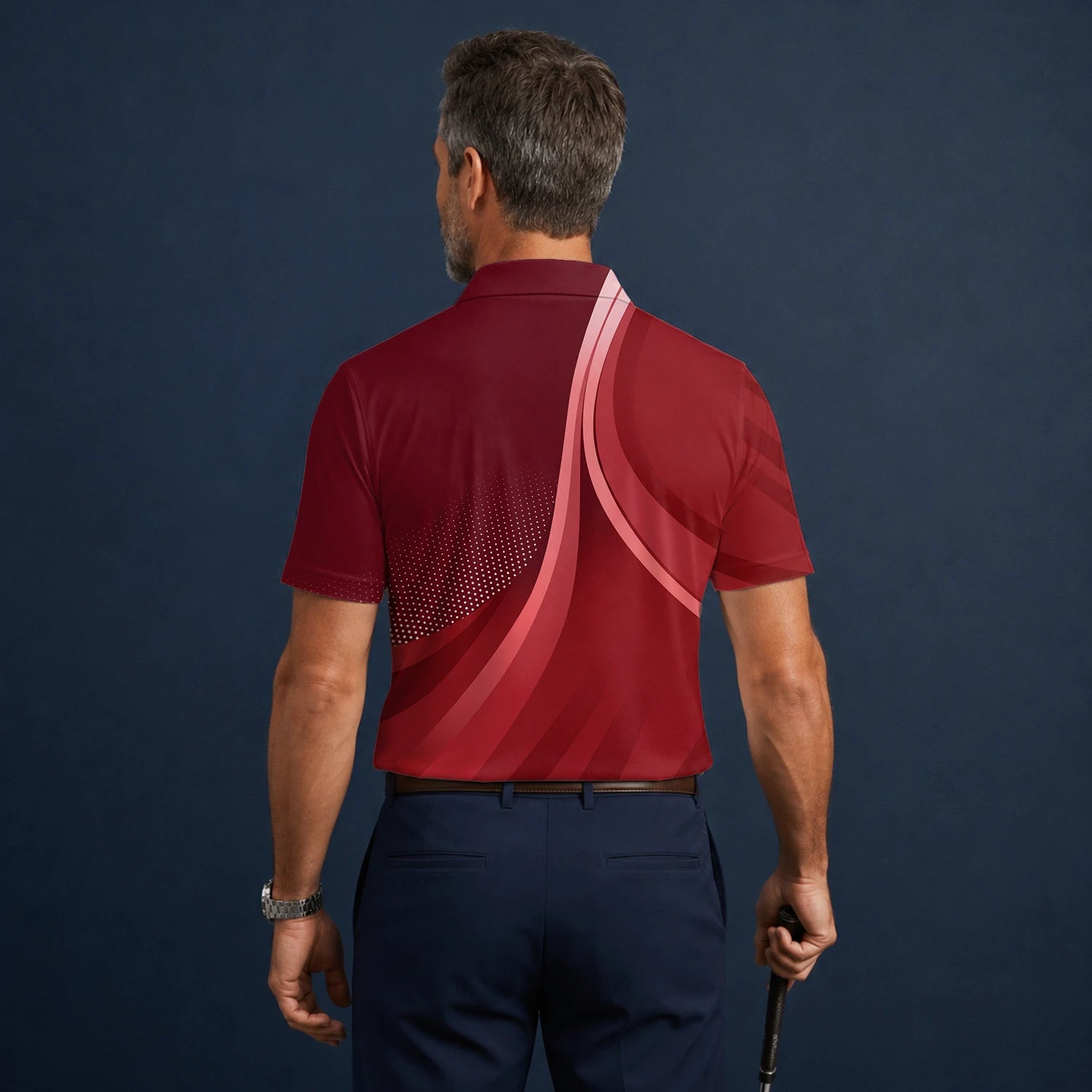 Personalisiertes Golf Poloshirt Bordeaux Rotes Abstraktes Wellen Design für Herren B4612
