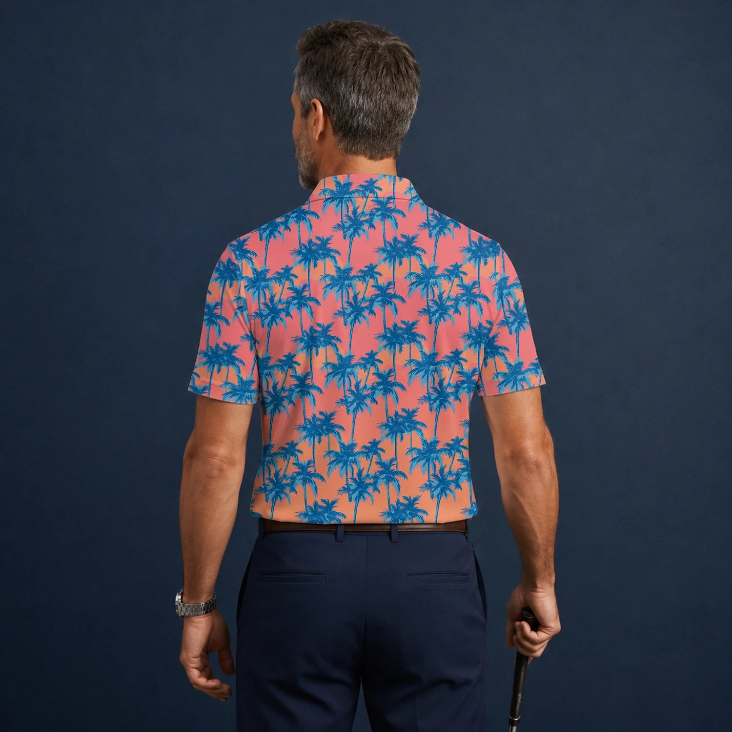 Personalisiertes Golf Poloshirt Korallenrosa Blaues Palmen Design für Herren A5845