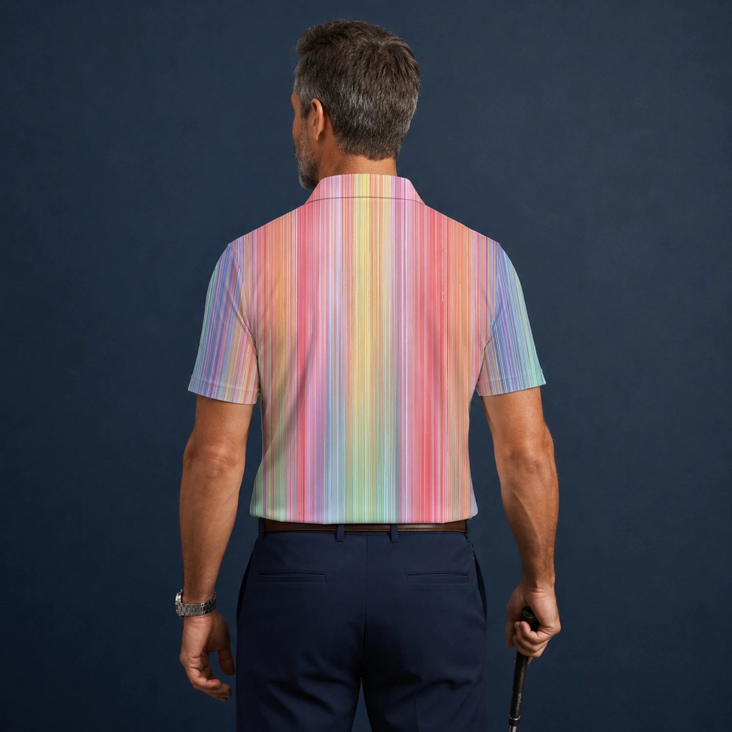 Personalisiertes Golf Poloshirt Pastell Regenbogen Streifen Design für Herren C5307