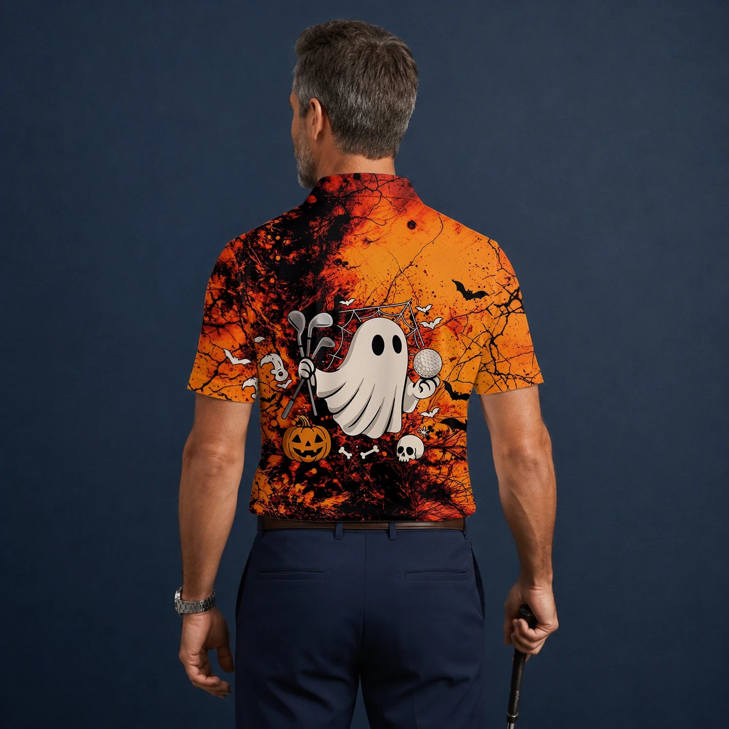 Personalisiertes Golf Poloshirt Orange Halloween Gespenst Golfer Design für Herren M0695