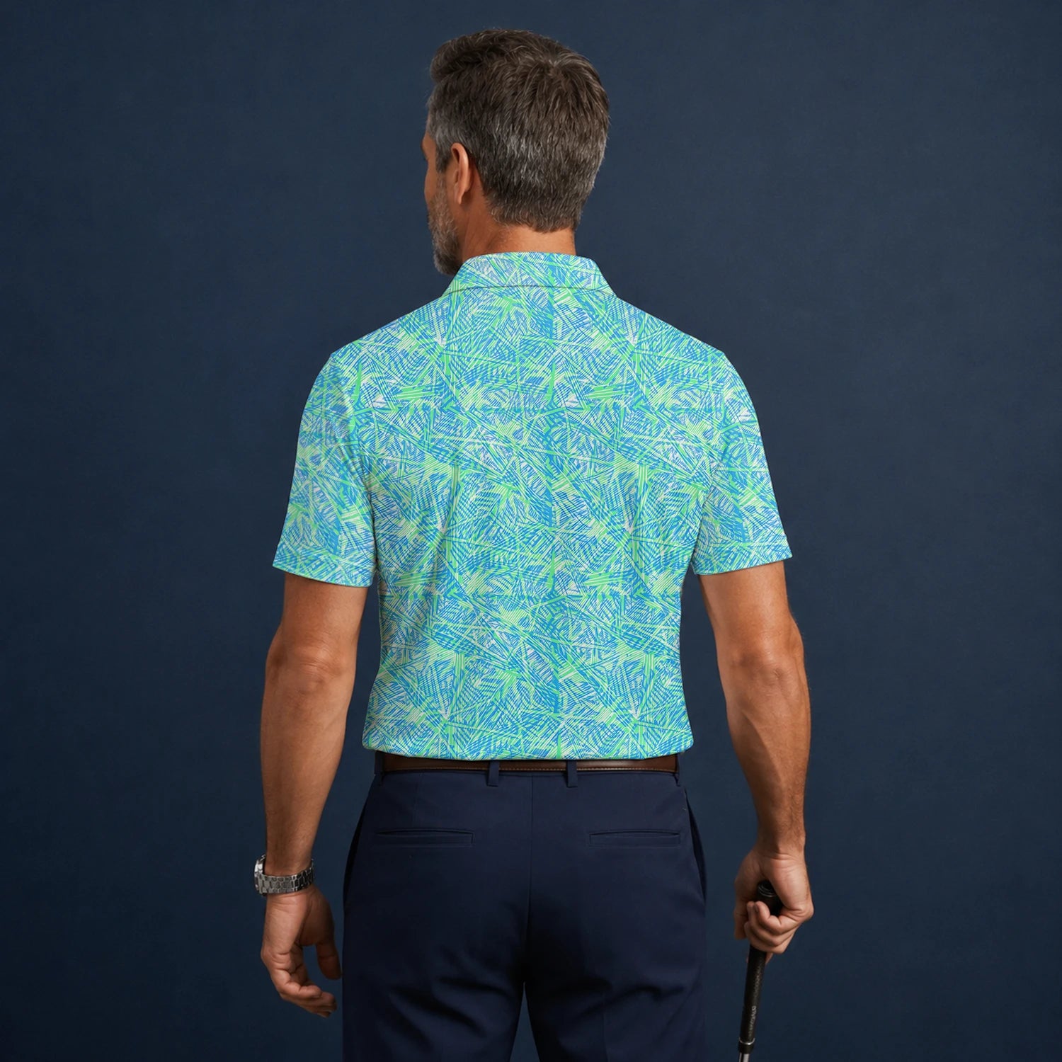 Personalisiertes Golf Poloshirt Türkis Limettengrünes Tropisches Blätter Design für Herren U1015