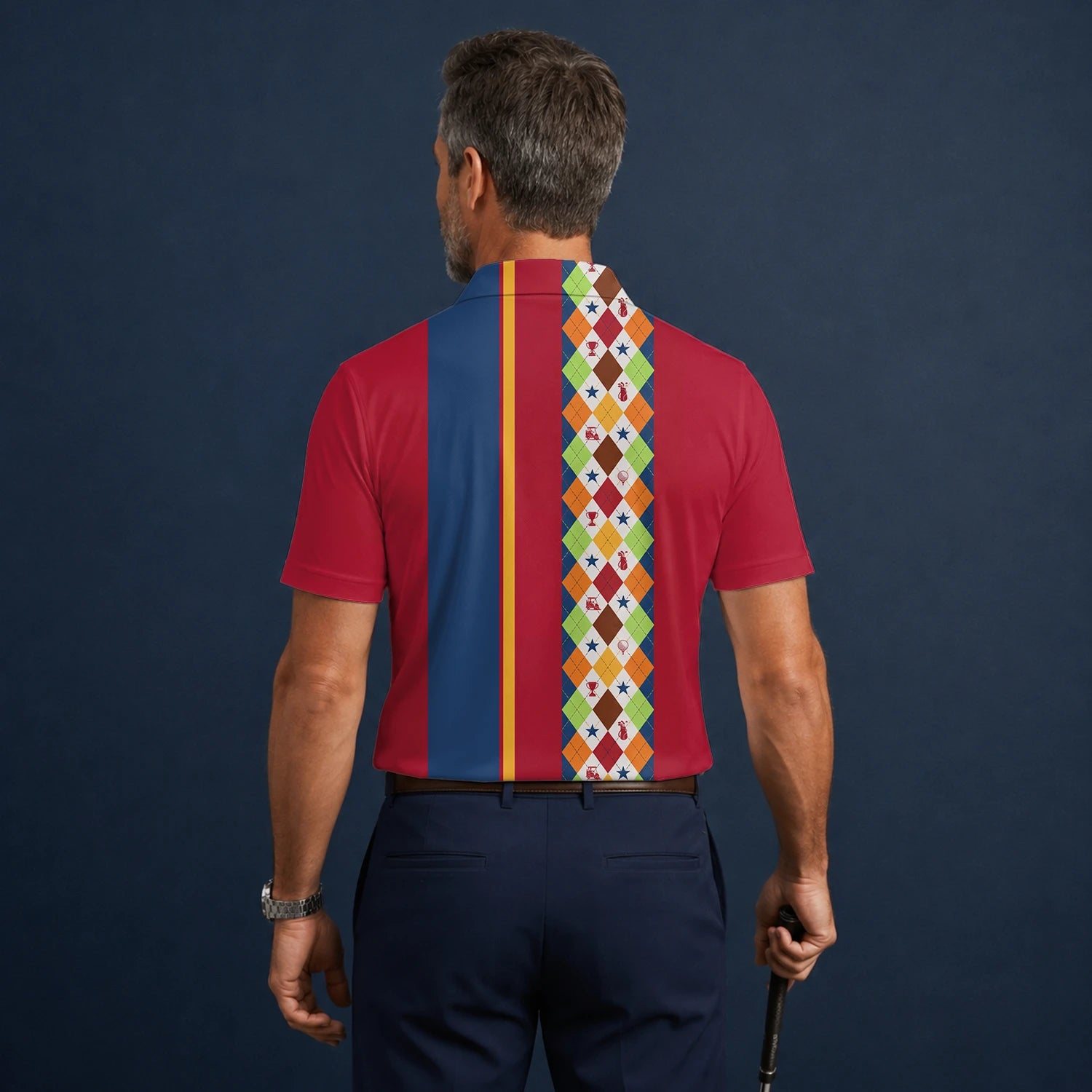 Personalisiertes Golf Poloshirt Rot Blaues Buntes Rauten Muster für Herren V1769