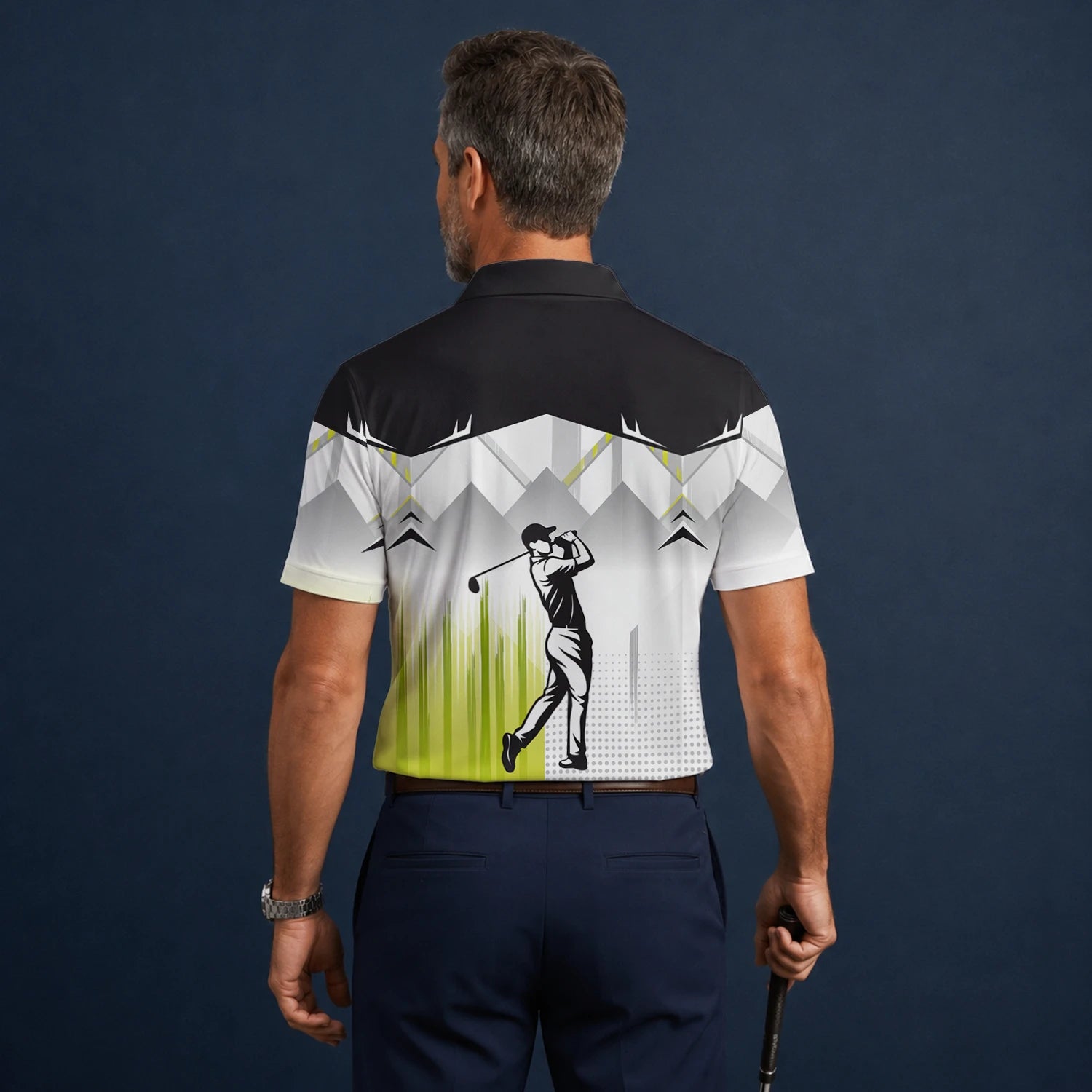 Personalisiertes Golf Poloshirt Schwarz Grau Limettengrünes Golfer Silhouetten Design für Herren F4552