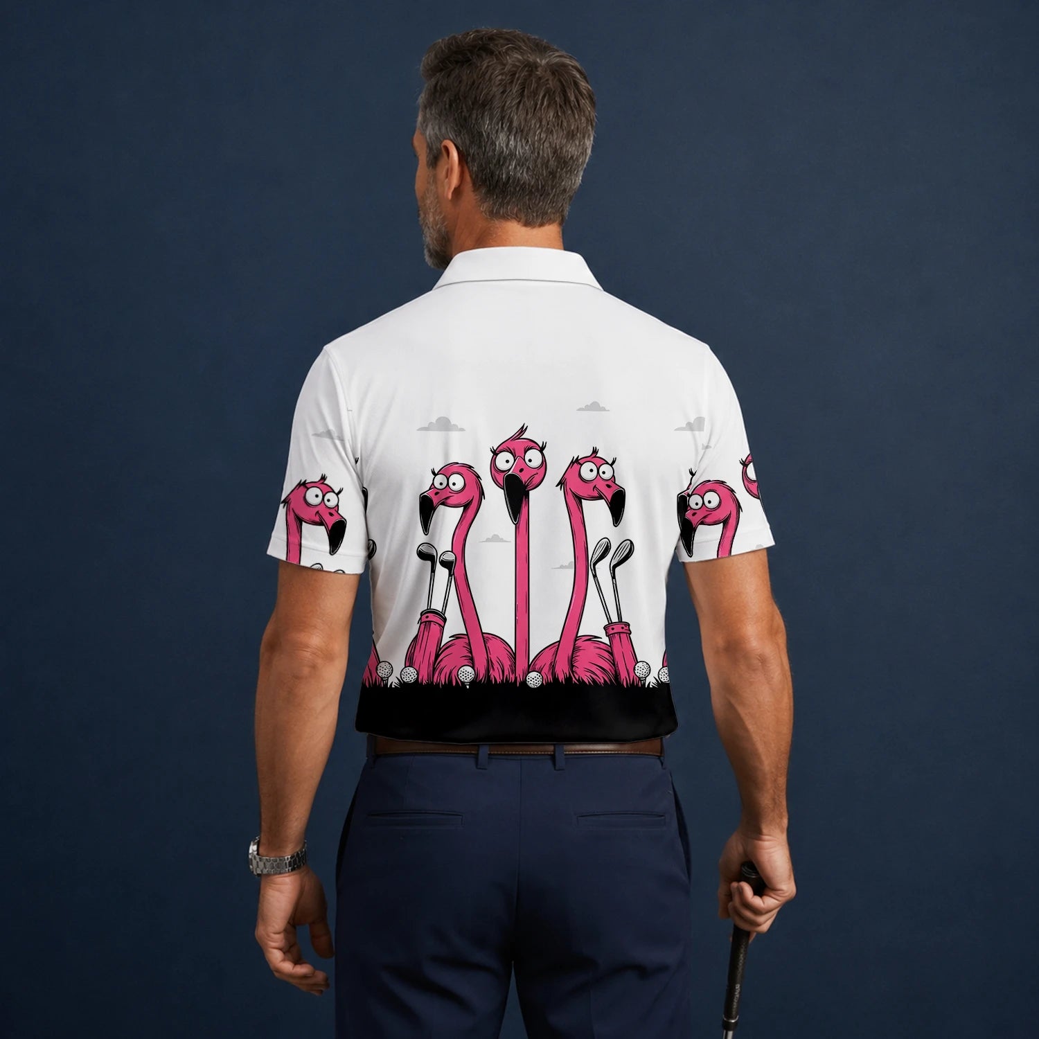 Personalisiertes Golf Poloshirt Weiß Rosa Flamingo Cartoon Design für Herren I6113