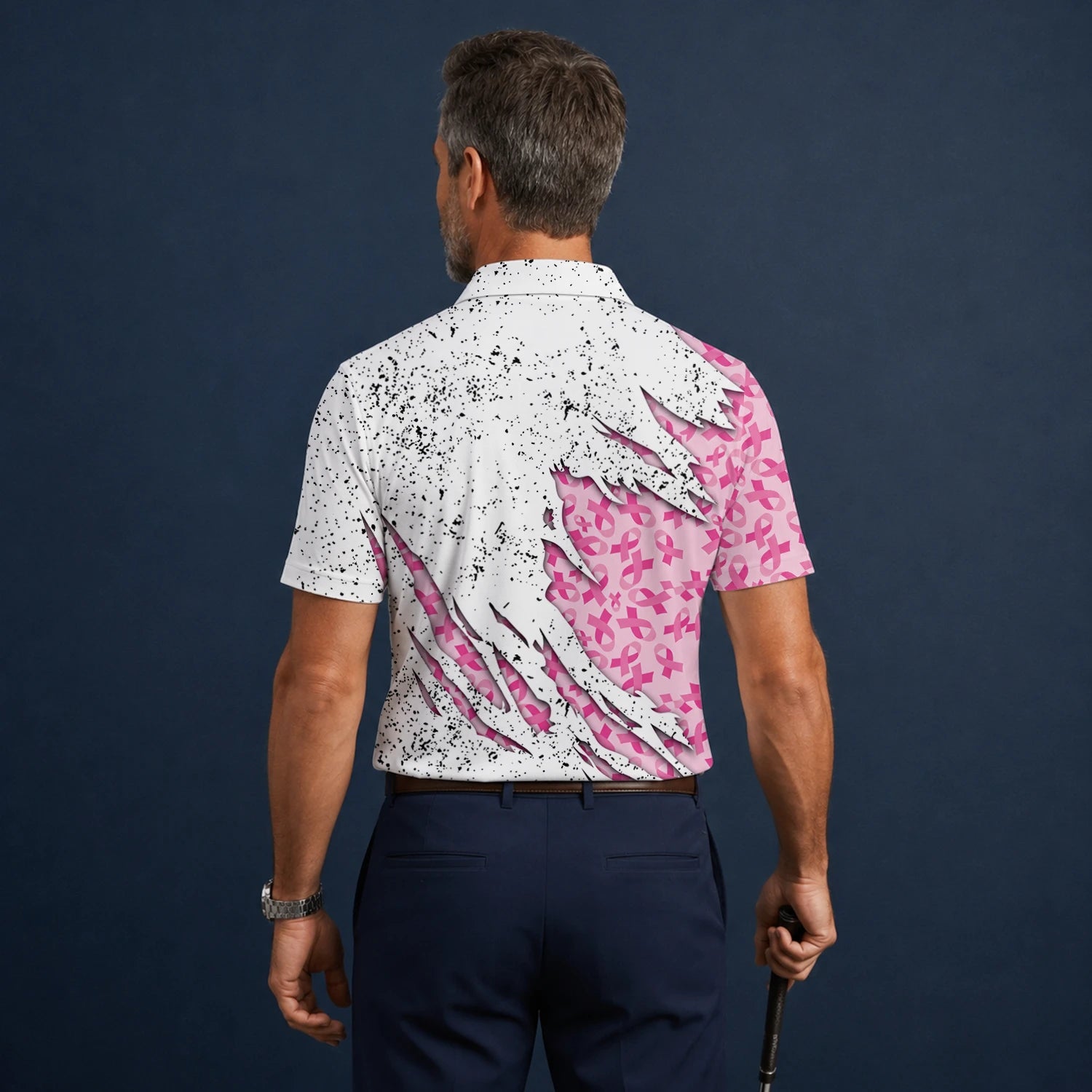 Personalisiertes Golf Poloshirt Weiß Rosa Brustkrebs Schleifen Zerrissenes Design für Herren B7190