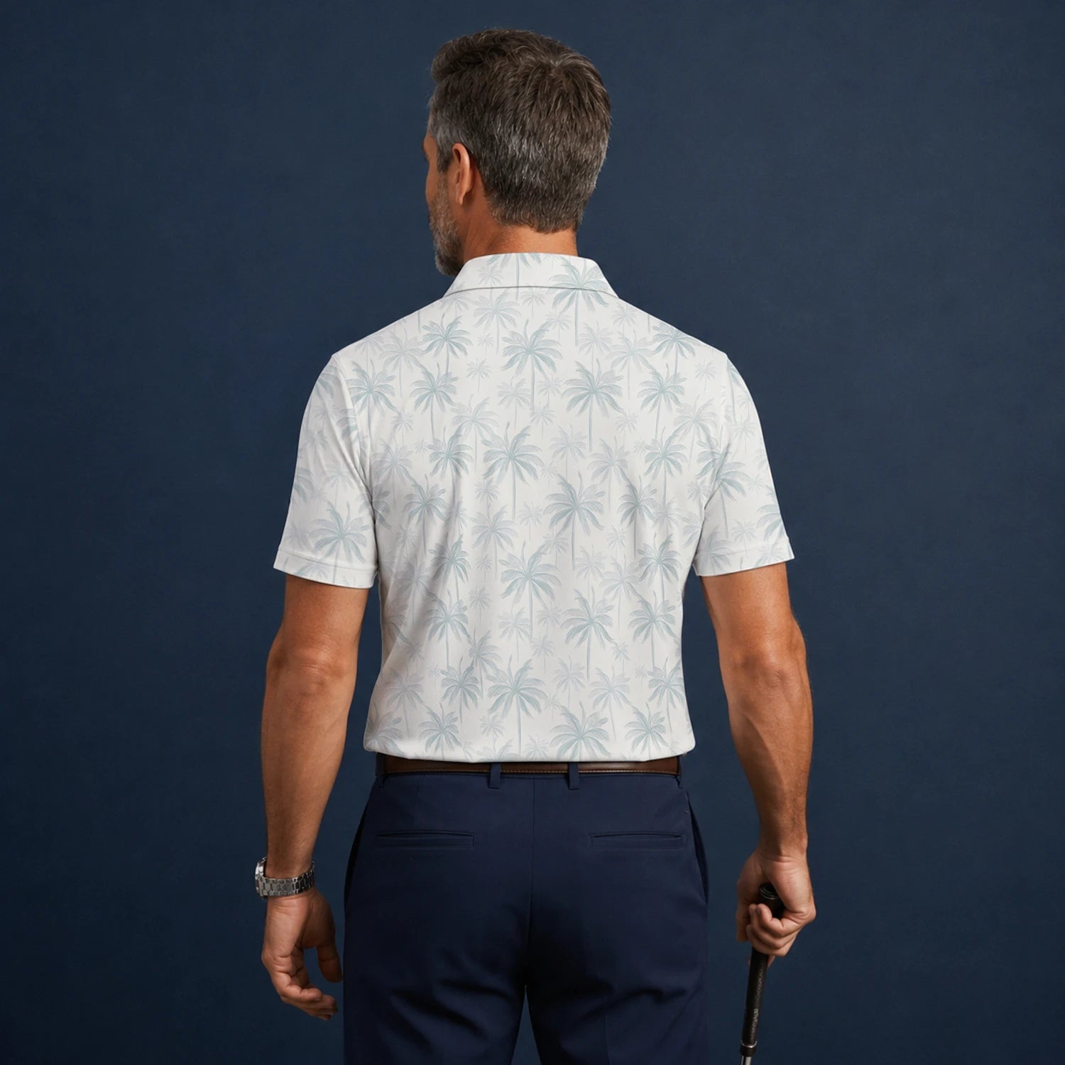 Personalisiertes Golf Poloshirt Weiß Hellblaues Palmenblätter Design für Herren U1709