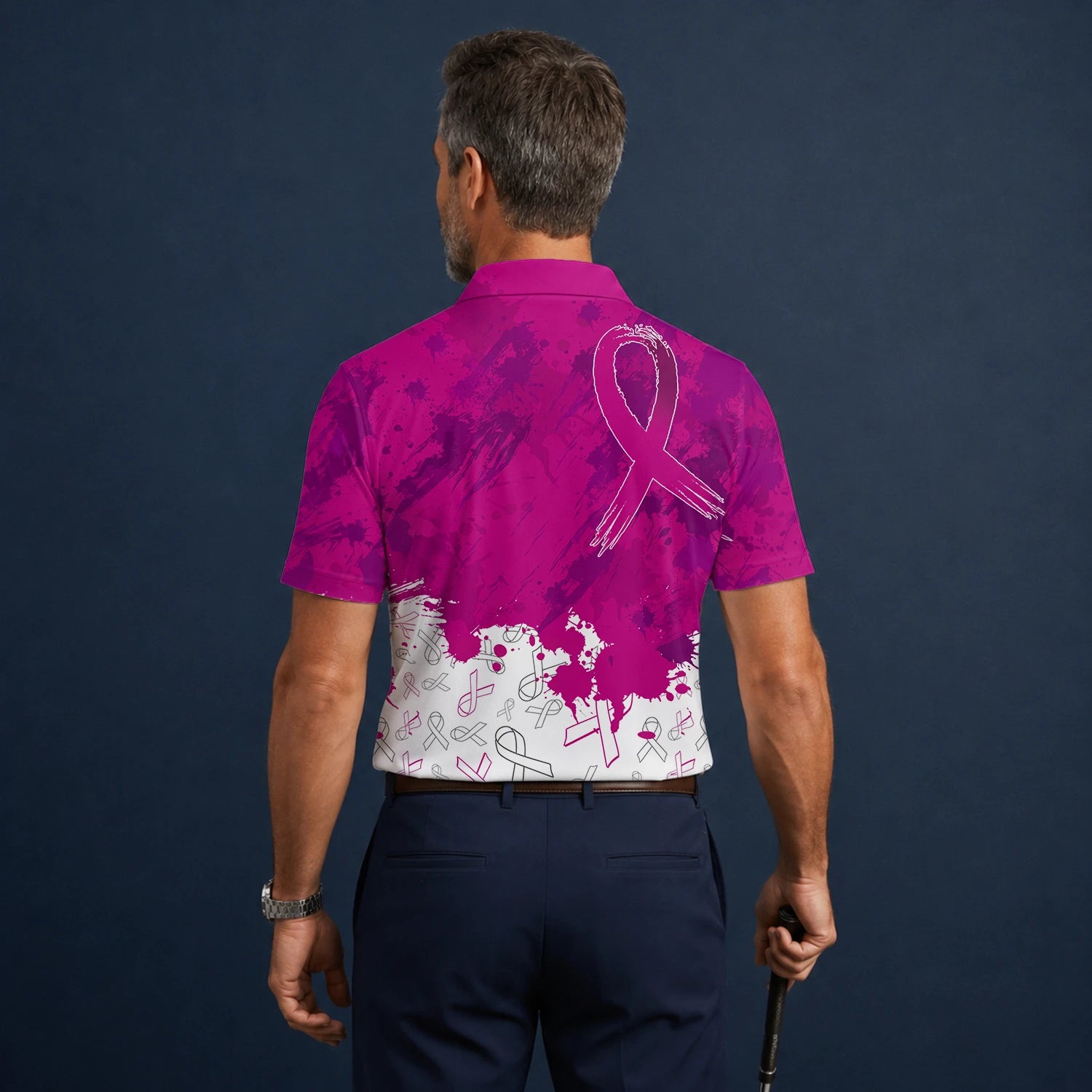 Personalisiertes Golf Poloshirt Magenta Brustkrebs Awareness Schleifen Farbklecks Design für Herren Q5636