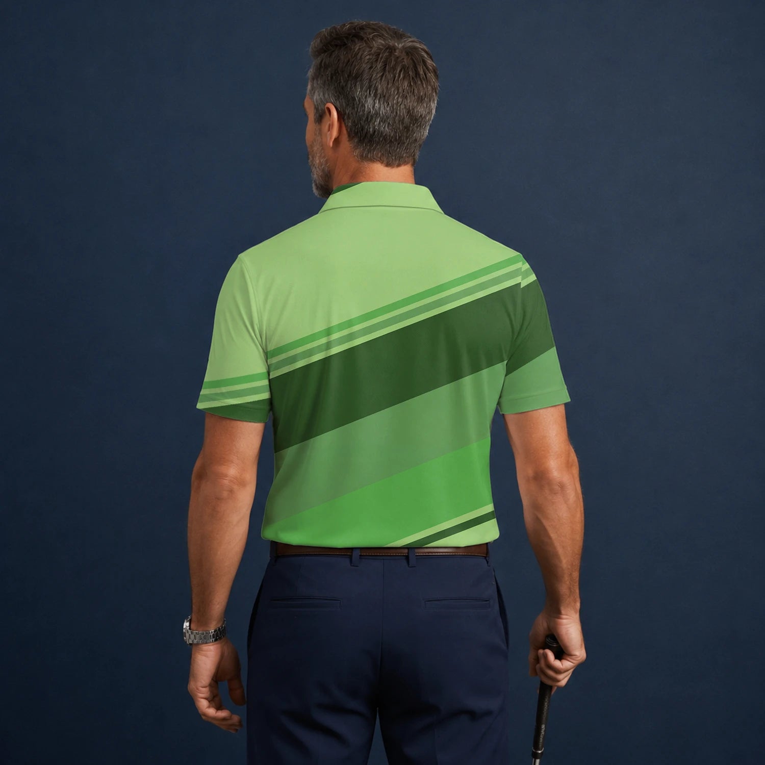 Personalisiertes Golf Poloshirt Hellgrünes Geometrisches Streifen Design für Herren S1599