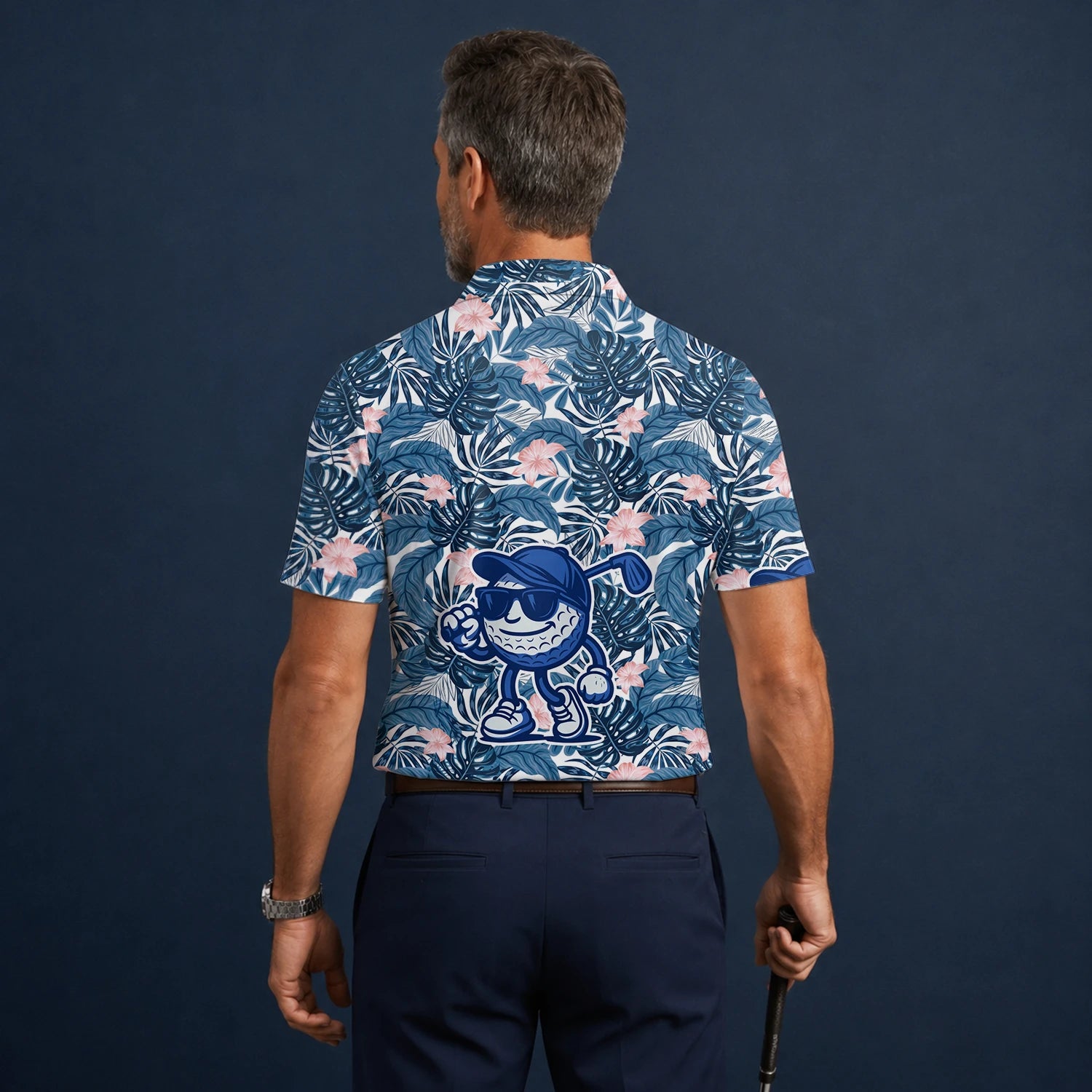 Personalisiertes Golf Poloshirt Marineblaues Tropisches Blätter Golfball Cartoon Design für Herren I7191