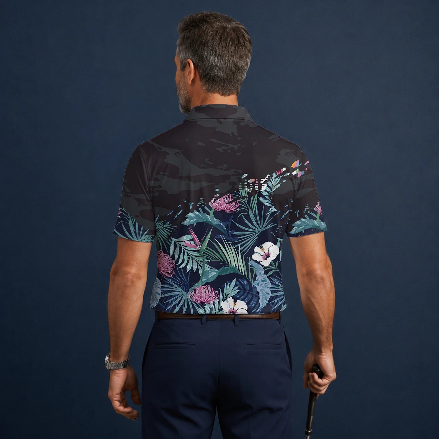 Personalisiertes Golf Poloshirt Marineblaues Tropisches Blumen Blätter Design für Herren N4110