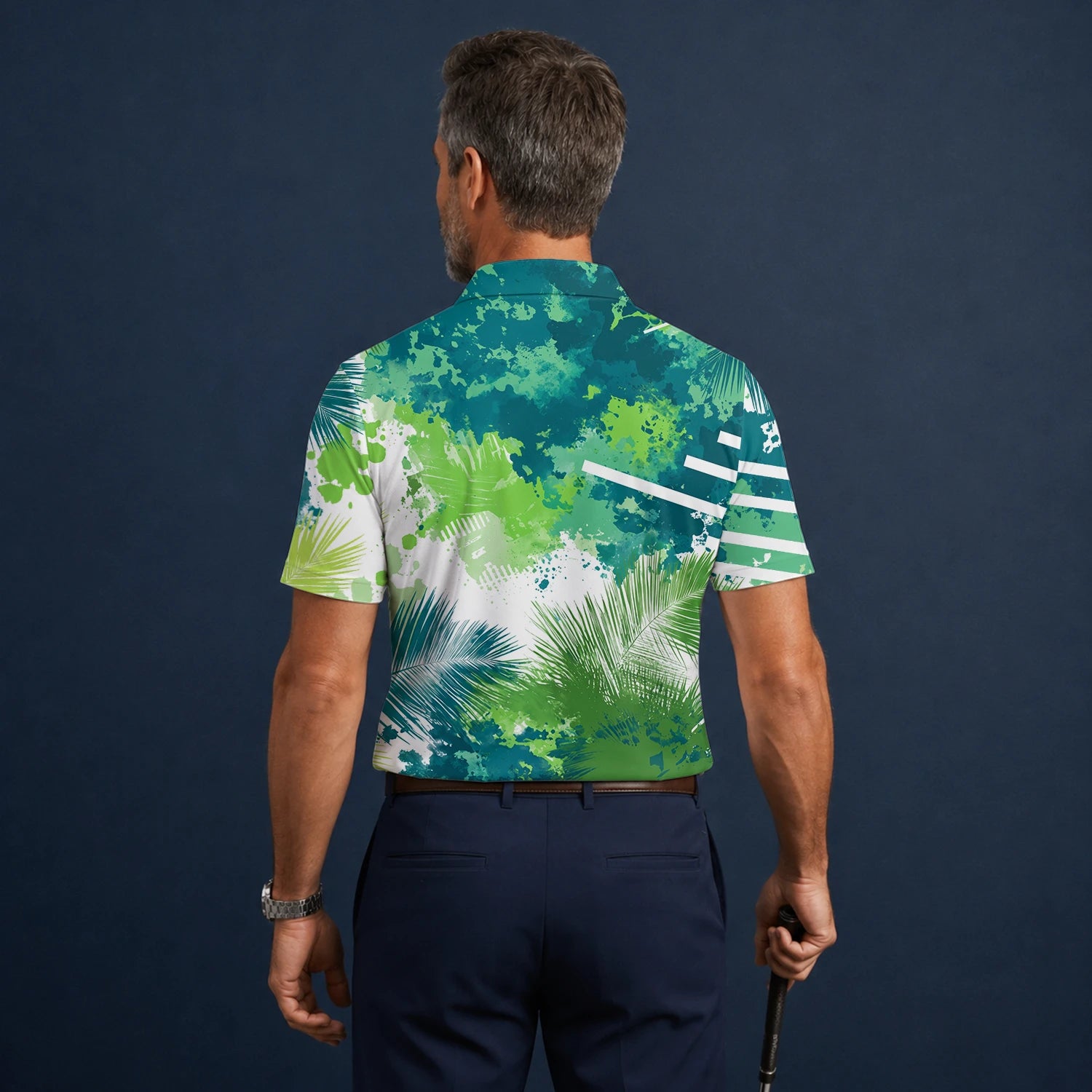 Personalisiertes Golf Poloshirt Grün Blaues Tropisches Blätter Farbklecks Design für Herren B7869