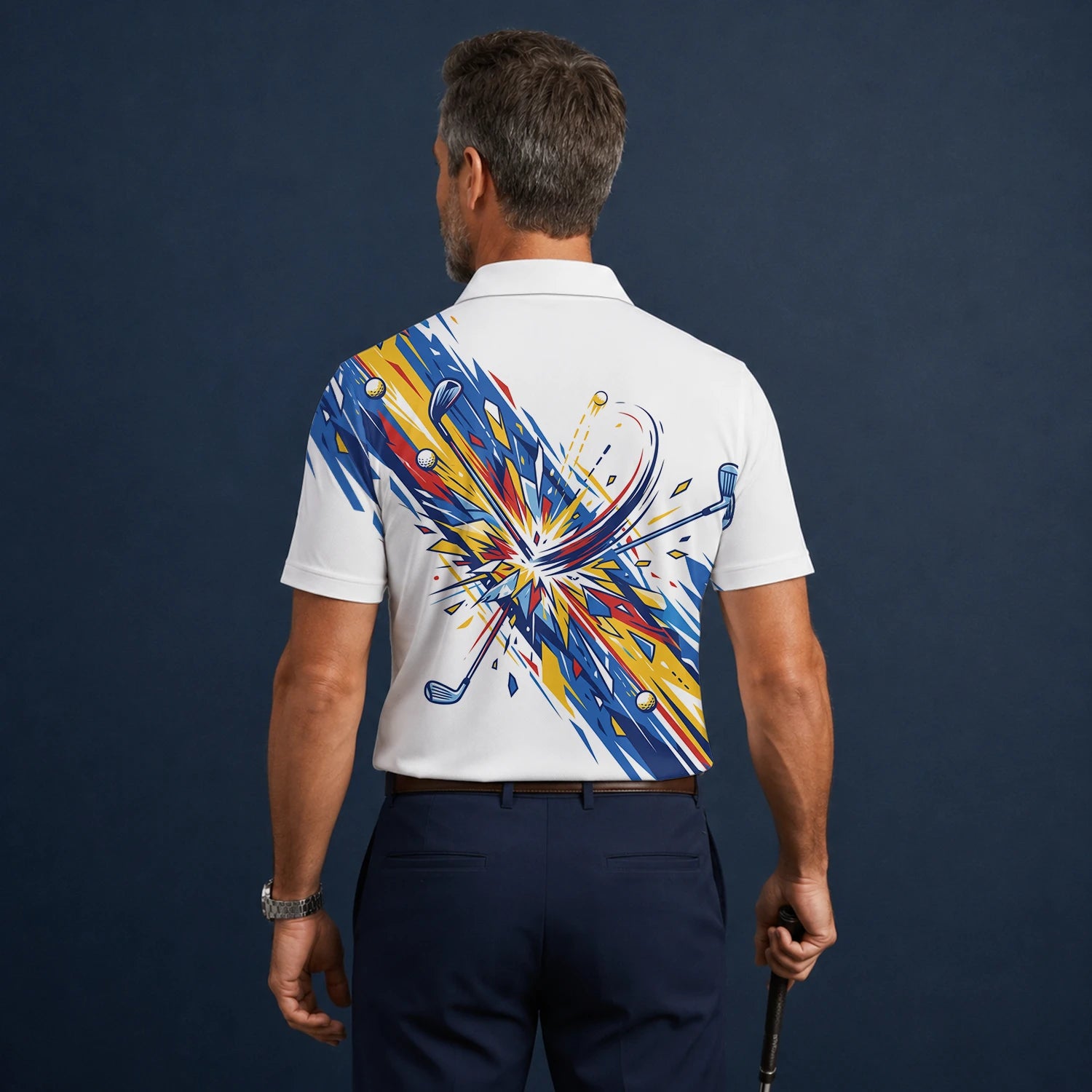 Personalisiertes Golf Poloshirt Weiß Blaues Golf Schwung Grafik Design für Herren B2869