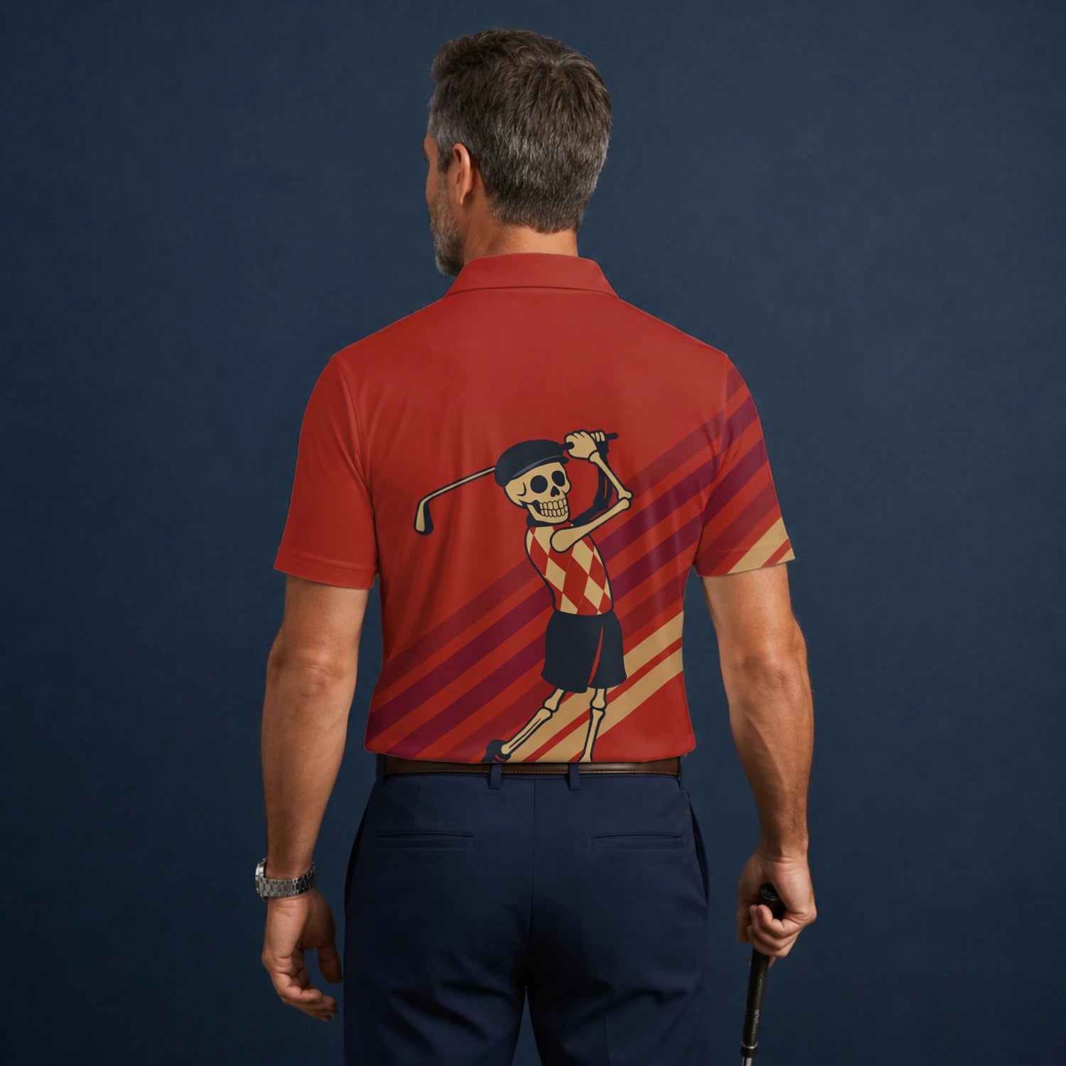 Personalisiertes Golf Poloshirt Rotes Skelett Golfer Cartoon Design für Herren F3648