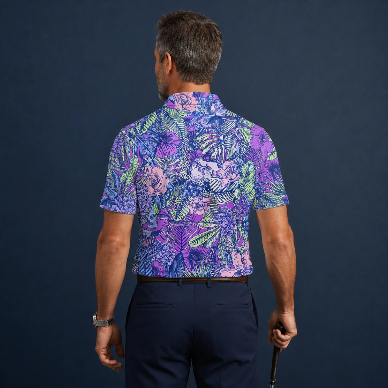 Personalisiertes Golf Poloshirt Lila Blaues Tropisches Blumen Blätter Design für Herren B8037