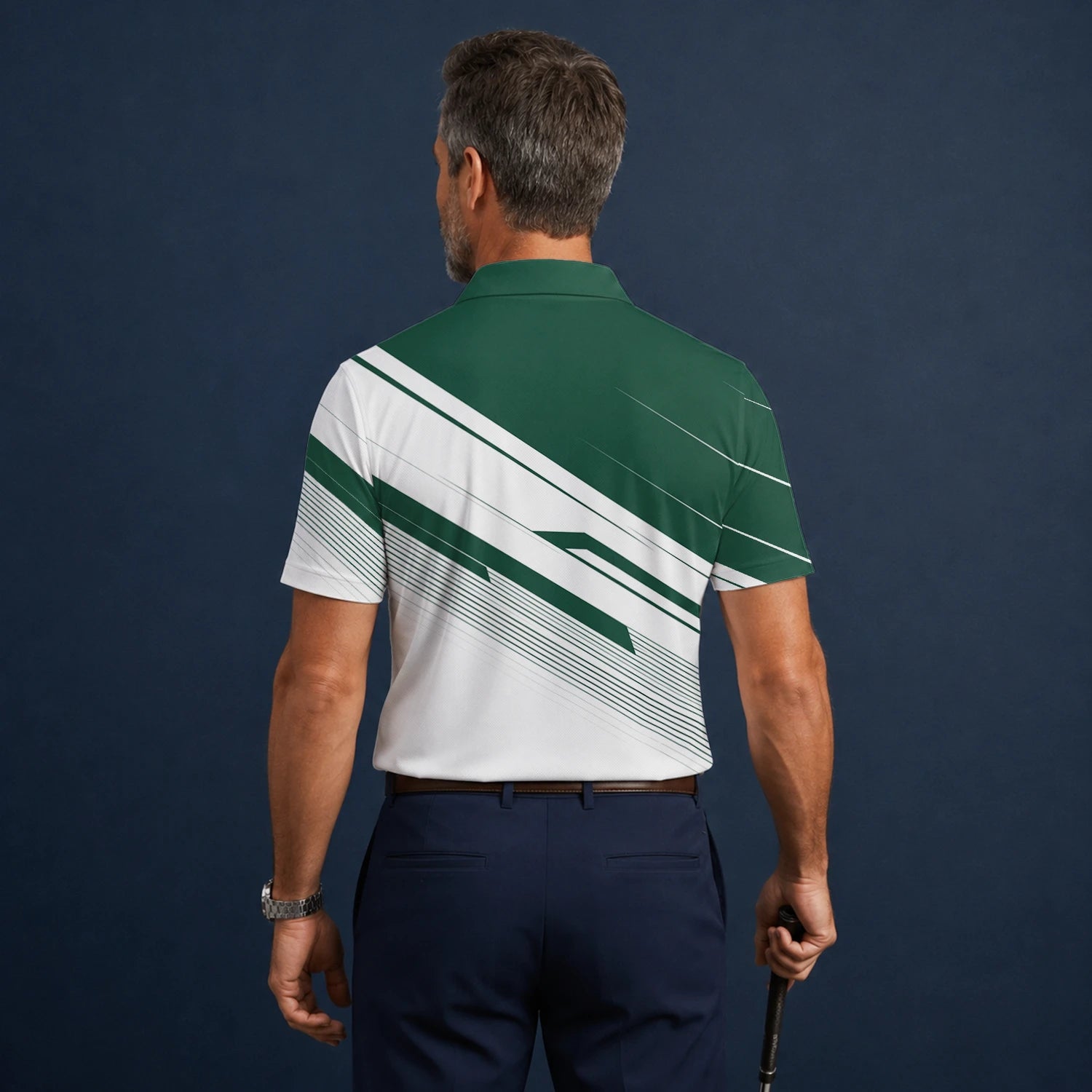 Personalisiertes Golf Poloshirt Grün Weißes Abstraktes Streifen Design für Herren E5041