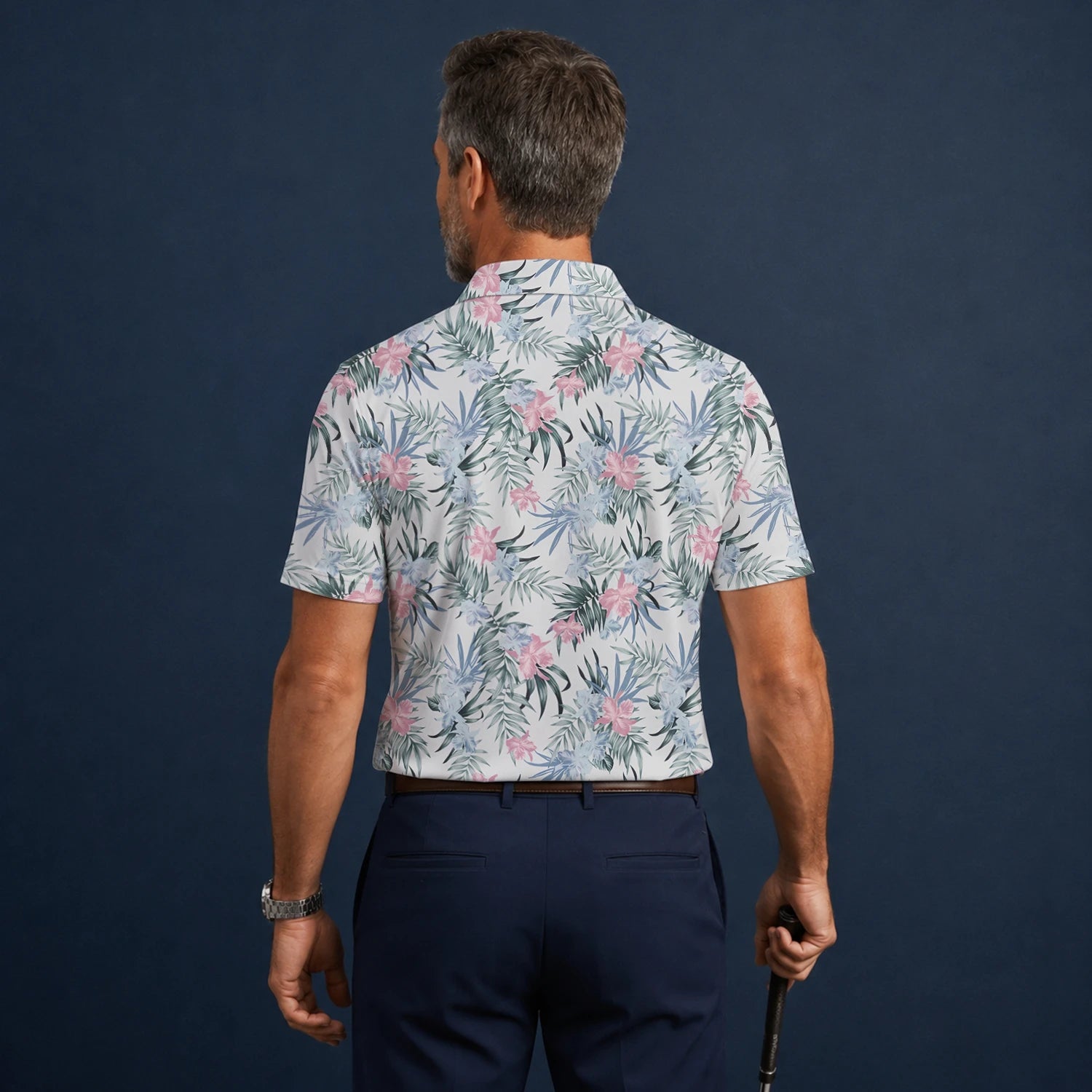 Personalisiertes Golf Poloshirt Weiß Rosa Tropisches Blumen Blätter Design für Herren C1037
