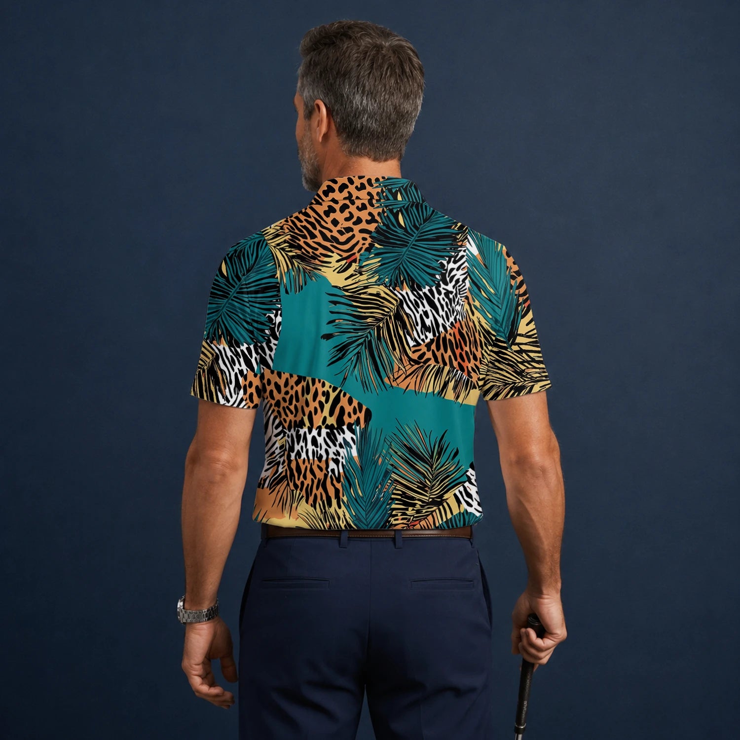 Personalisiertes Golf Poloshirt Türkis Orange Tropisches Palmen Animal Print Design für Herren A7122