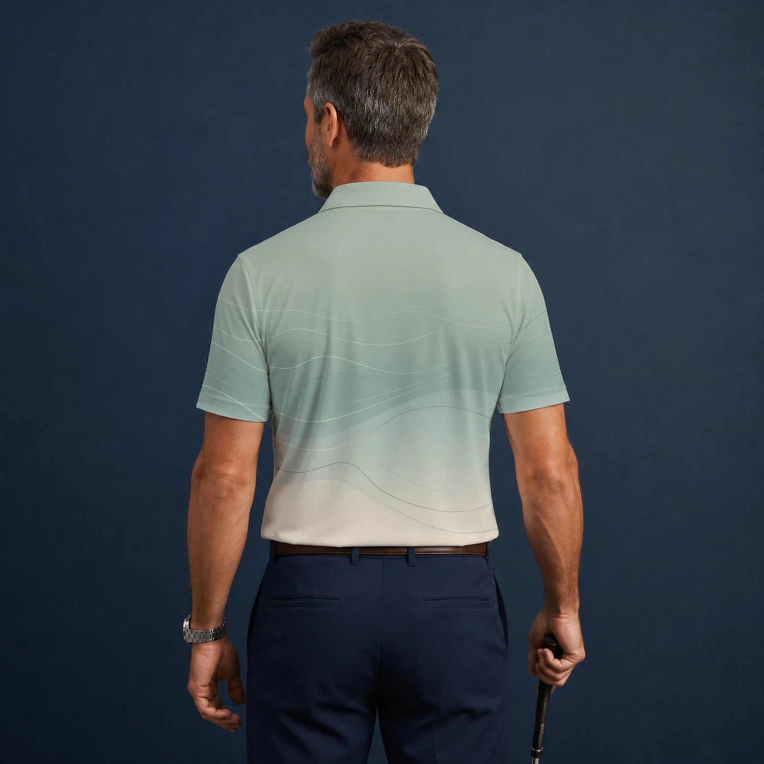 Personalisiertes Golf Poloshirt Salbeigrün Beiges Abstraktes Wellen Design für Herren X8036