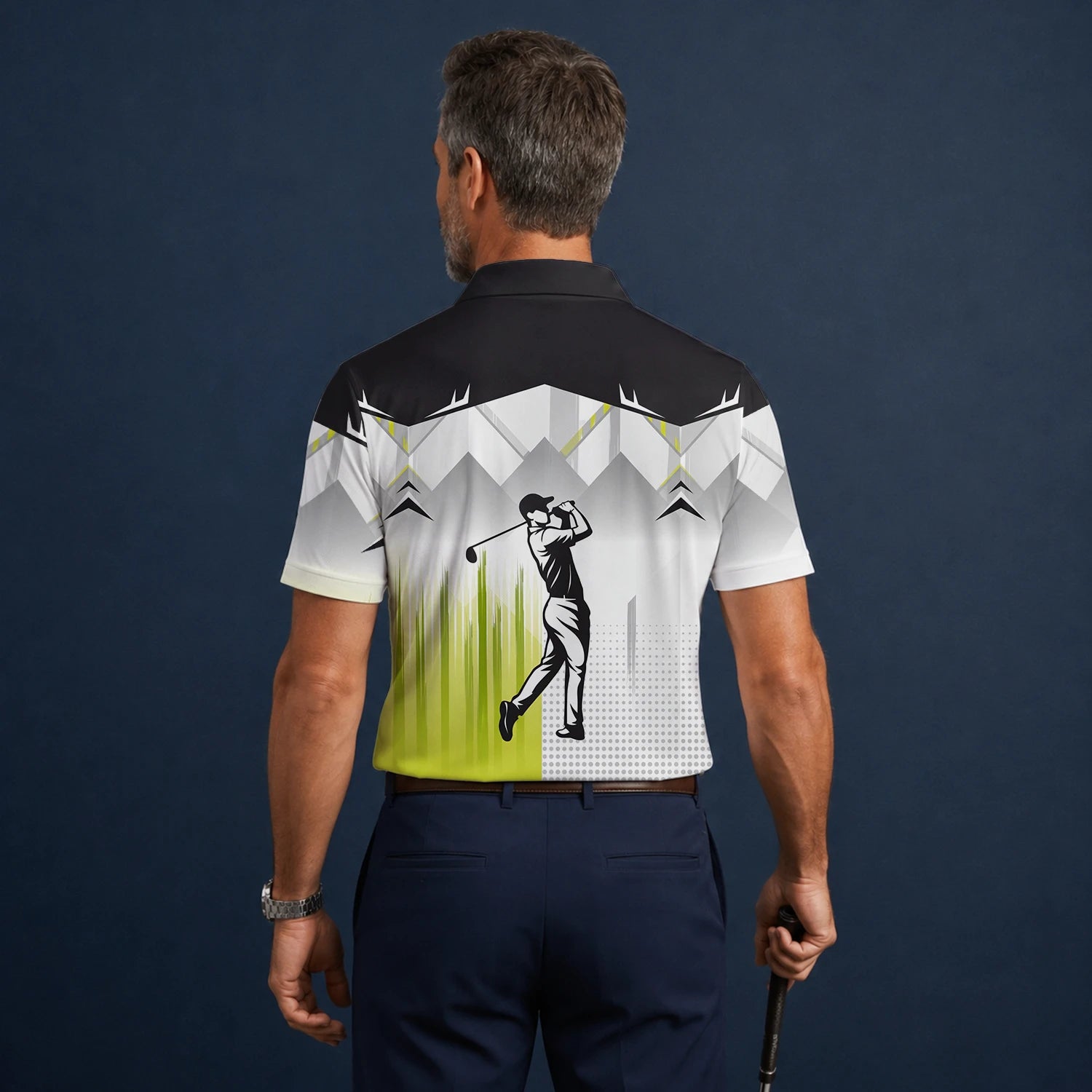 Personalisiertes Golf Poloshirt Schwarz Grau Limettengrünes Golfer Silhouetten Design für Herren F4552