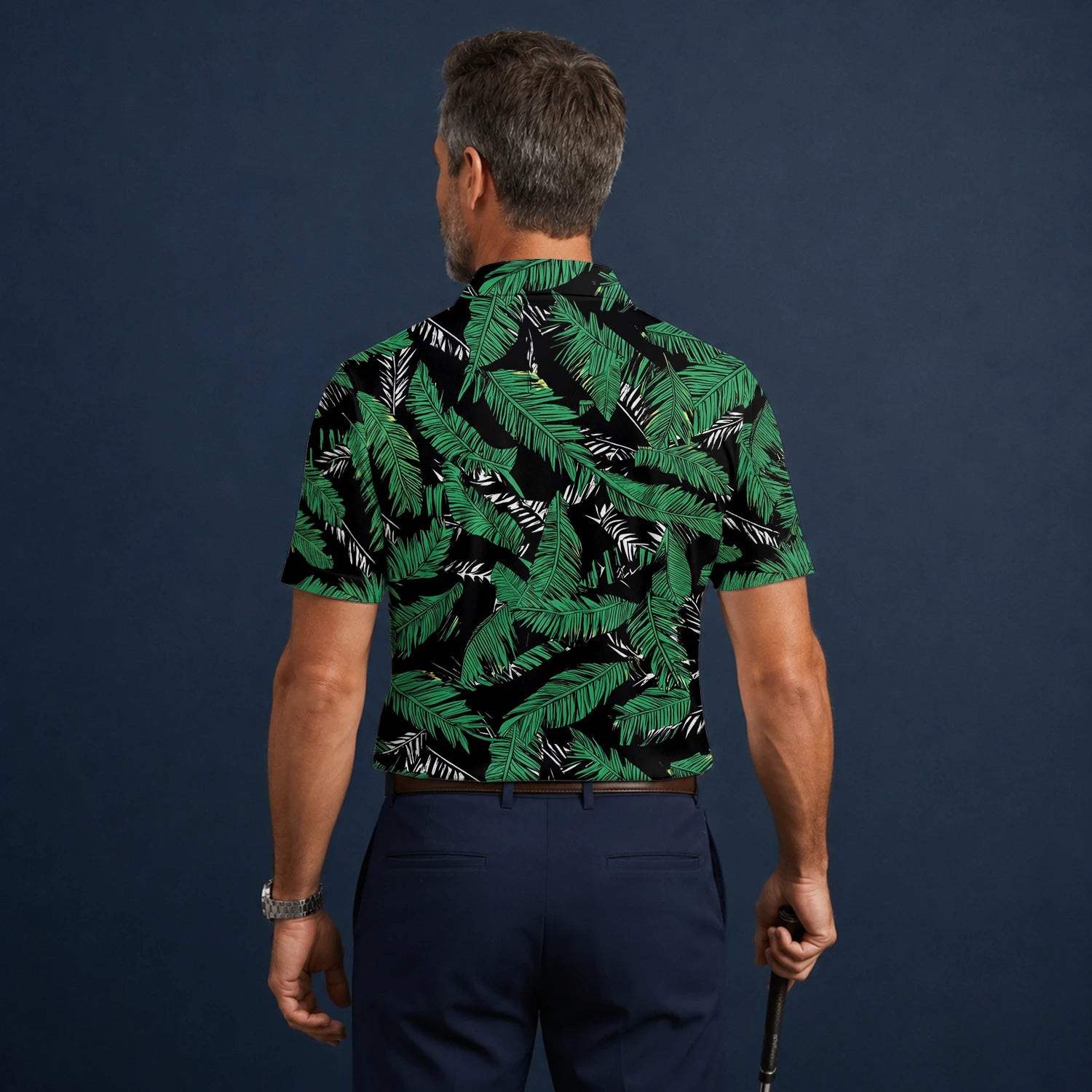 Personalisiertes Golf Poloshirt Schwarz Grünes Tropisches Bananenblätter Design für Herren K8023