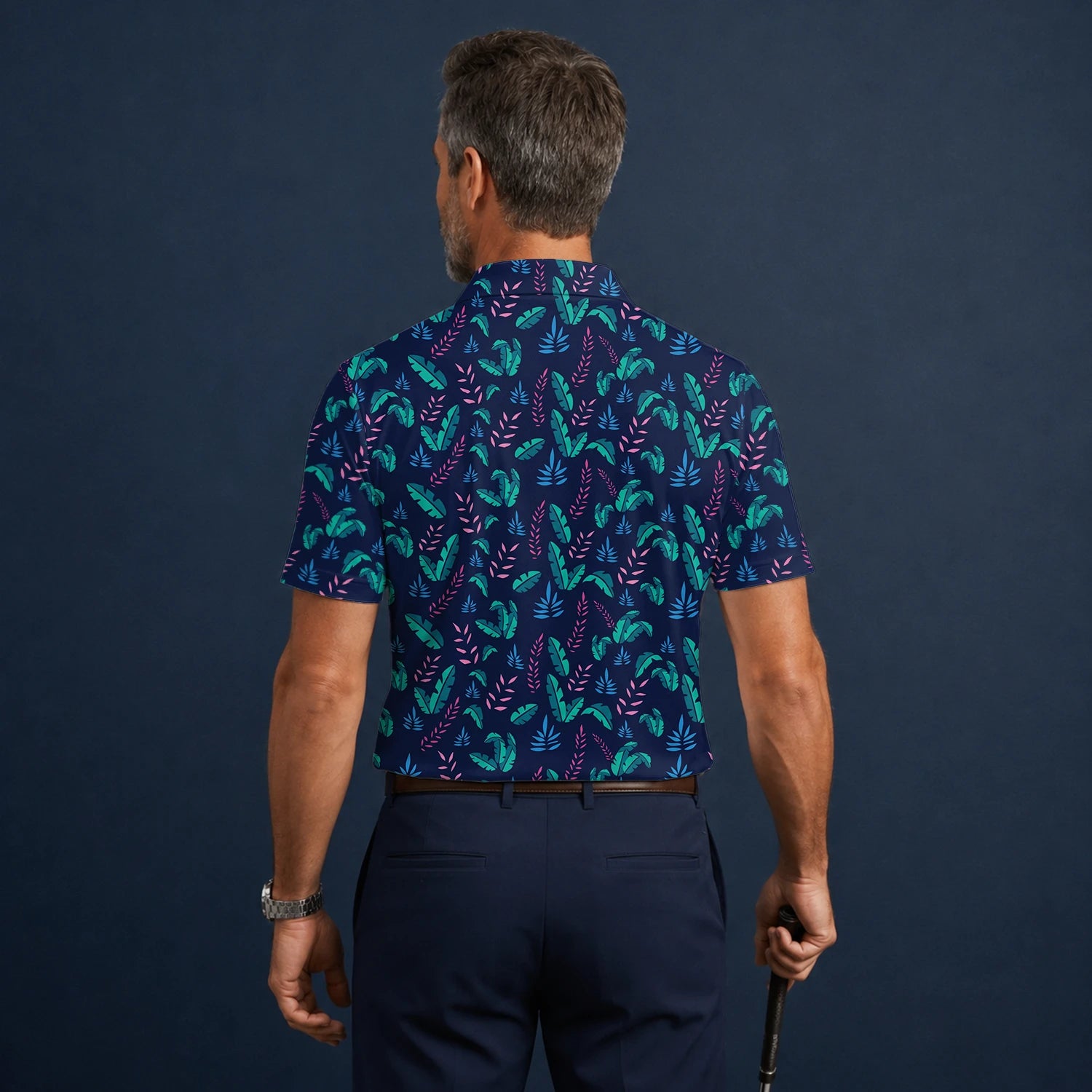 Personalisiertes Golf Poloshirt Marineblau Türkis Tropisches Blätter Design für Herren S8145