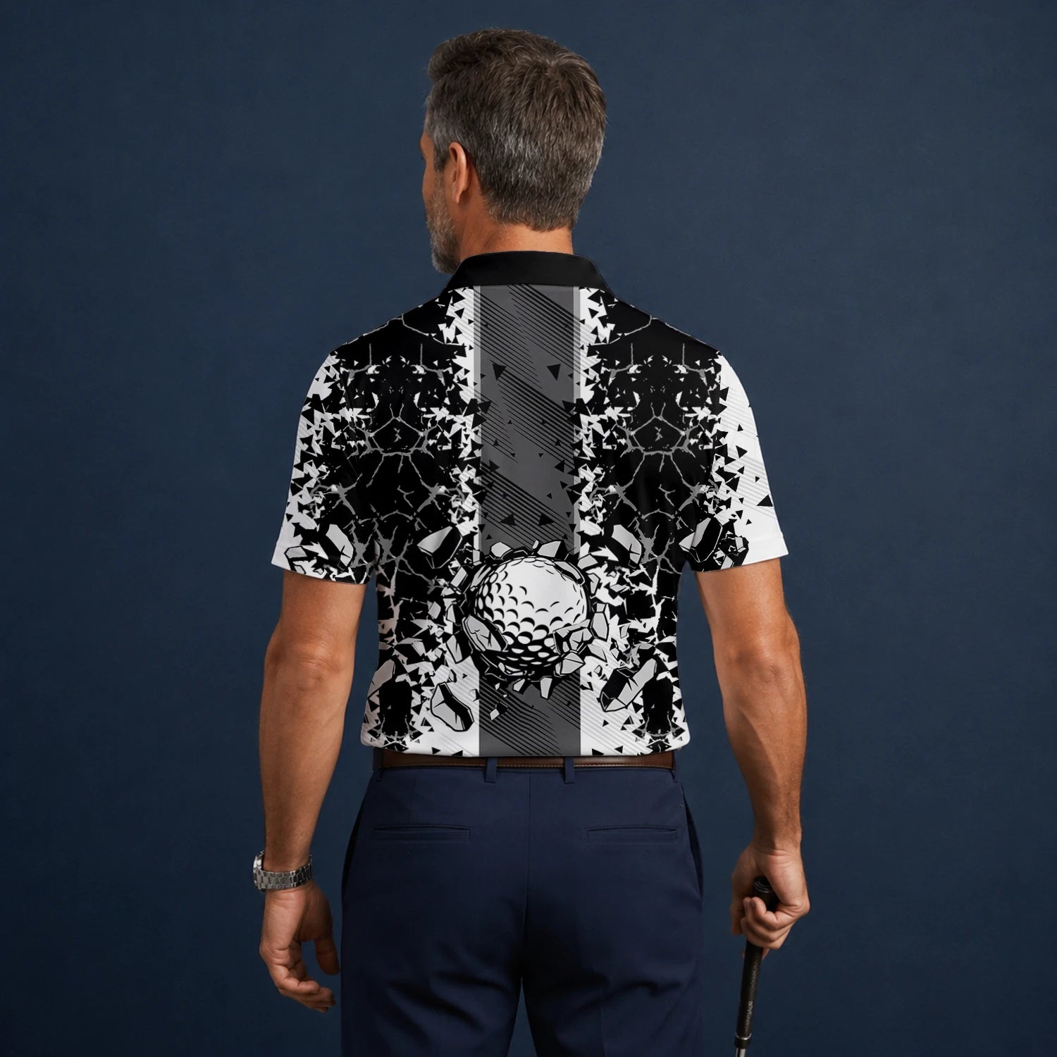 Personalisiertes Golf Poloshirt Schwarz Weißes Golfball Glassplitter Design für Herren F6407