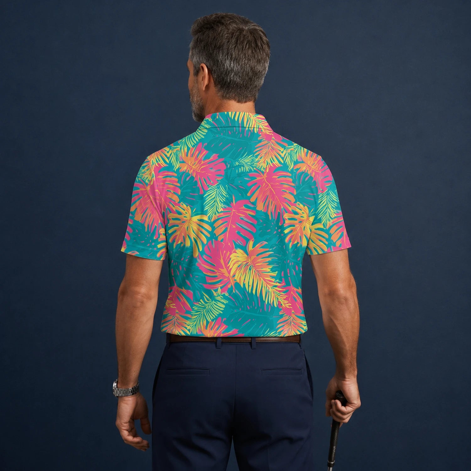 Personalisiertes Golf Poloshirt Türkis Korallenrotes Tropisches Blätter Design für Herren H8937