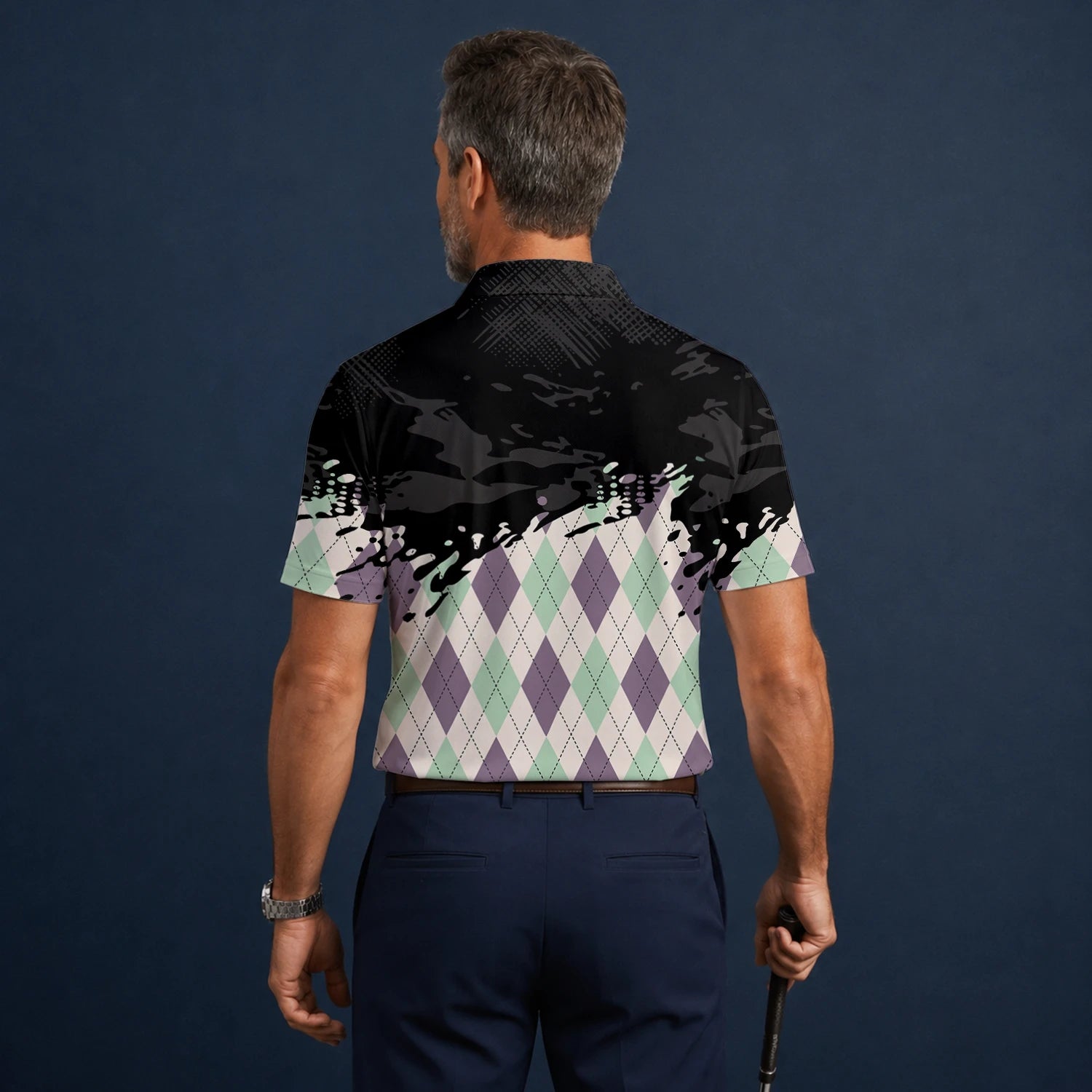 Personalisiertes Golf Poloshirt Schwarz Mint Lila Rauten Farbklecks Design für Herren C5124