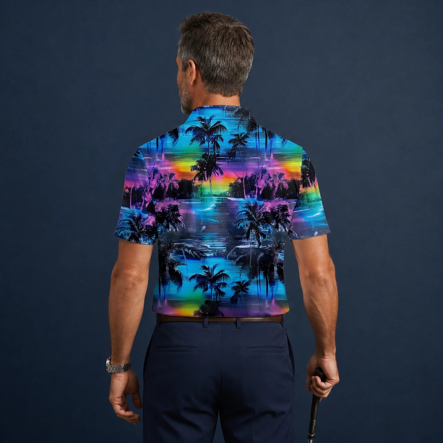 Personalisiertes Golf Poloshirt Blau Lila Palmen Sonnenuntergang Design für Herren K8435