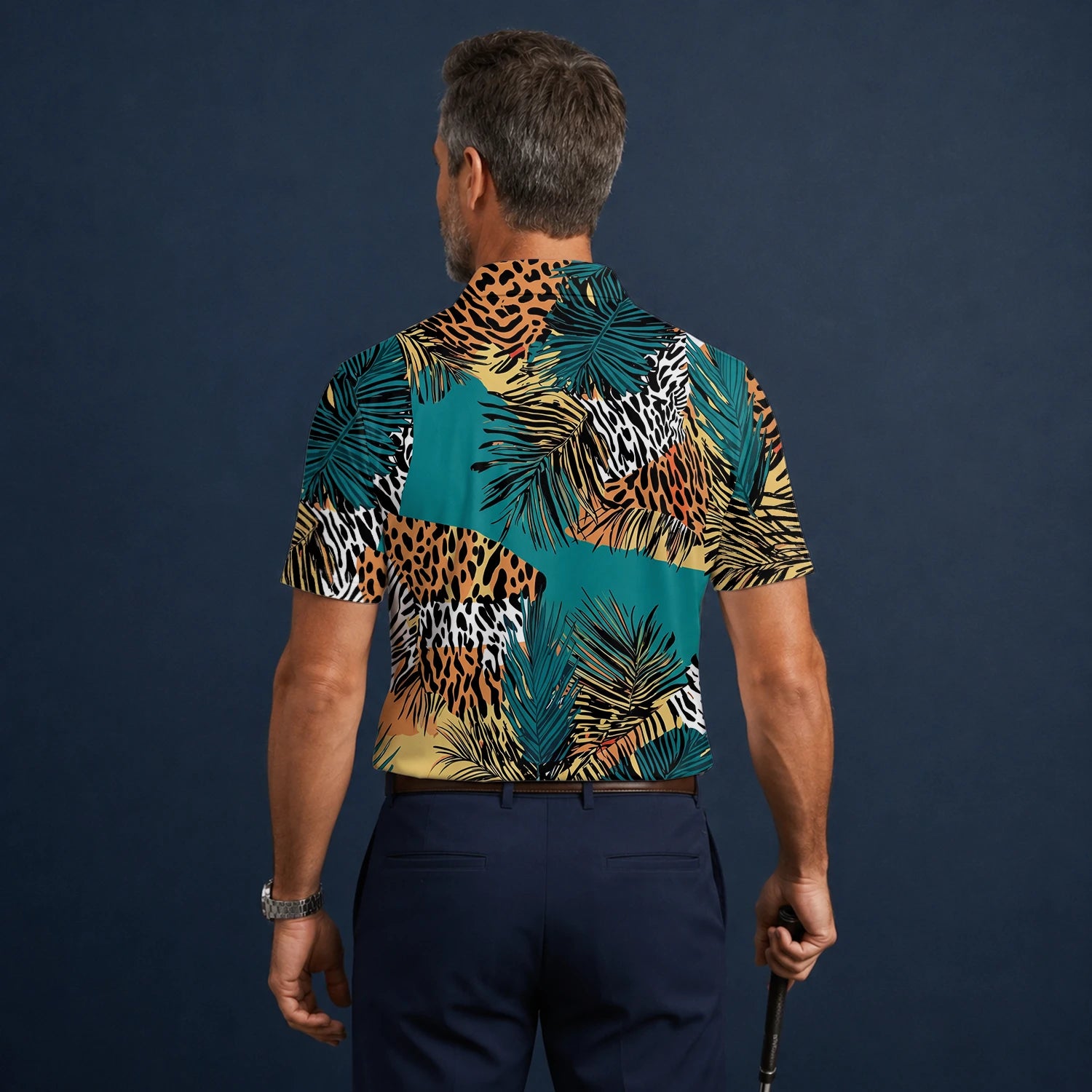 Personalisiertes Golf Poloshirt Türkis Orange Tropisches Palmen Animal Print Design für Herren A7122