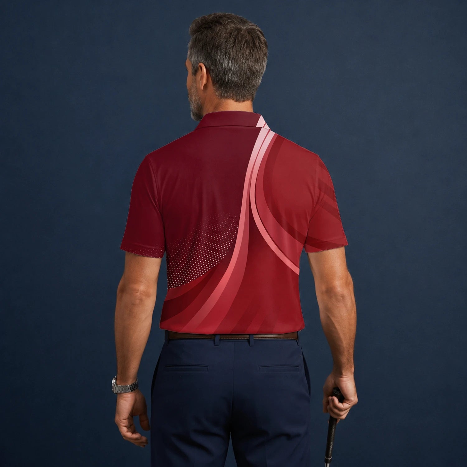 Personalisiertes Golf Poloshirt Bordeaux Rotes Abstraktes Wellen Design für Herren B4612