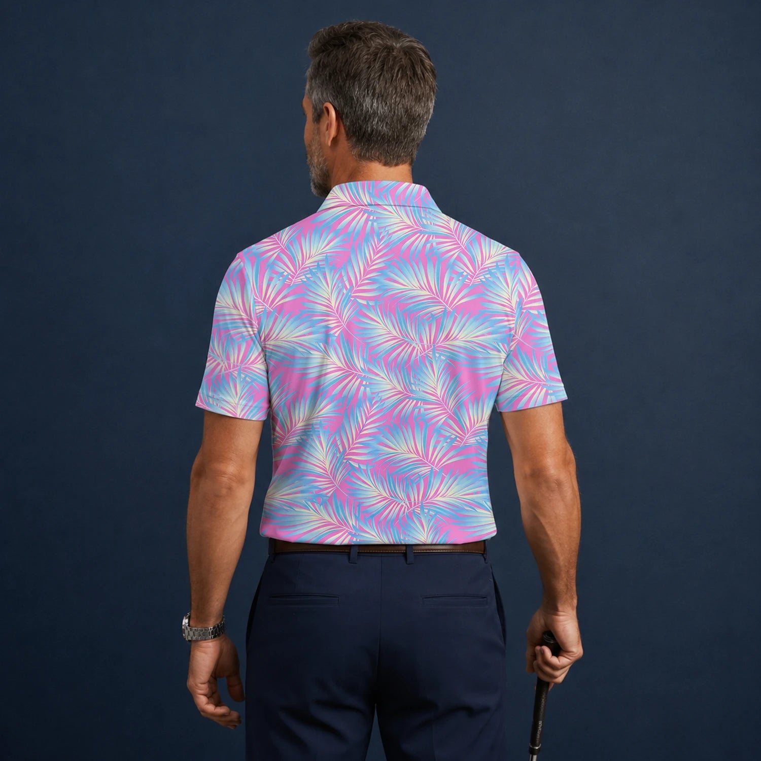 Personalisiertes Golf Poloshirt Rosa Blaues Palmenblätter Design für Herren F1458