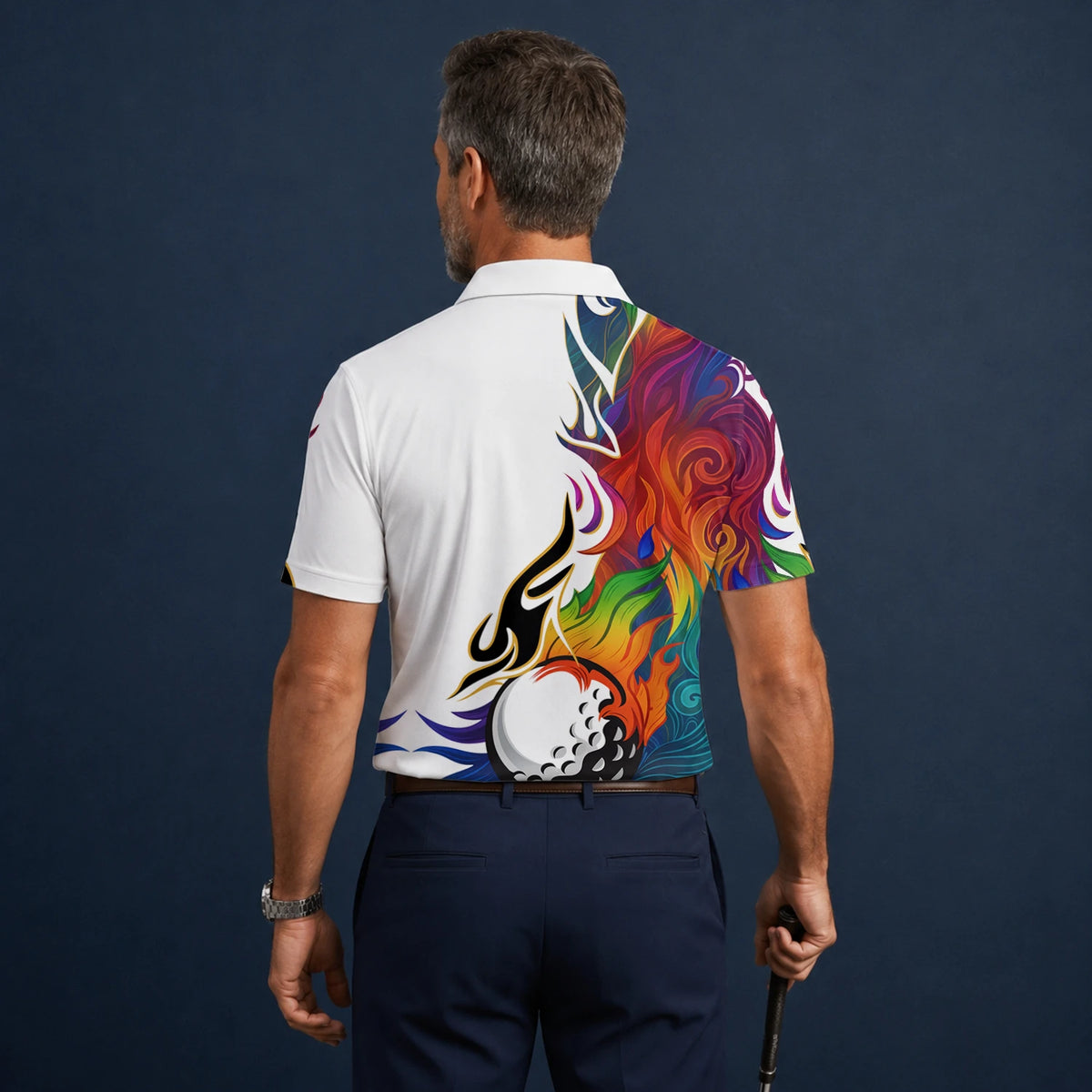 Personalisiertes Golf Poloshirt Weißes Regenbogen Flammen Golfball Design für Herren P6012