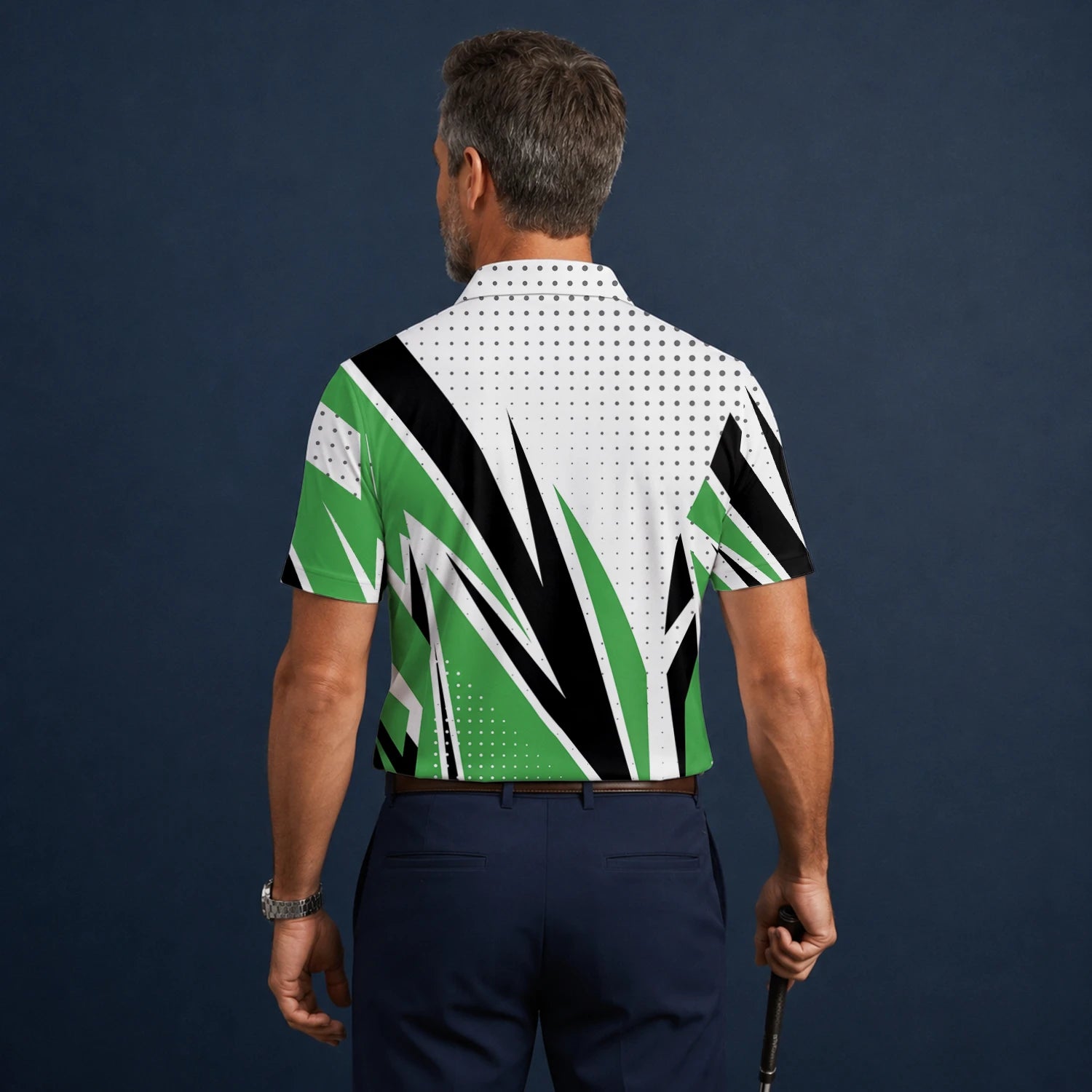 Personalisiertes Golf Poloshirt Weiß Grün Schwarzes Abstraktes Streifen Design für Herren C9494