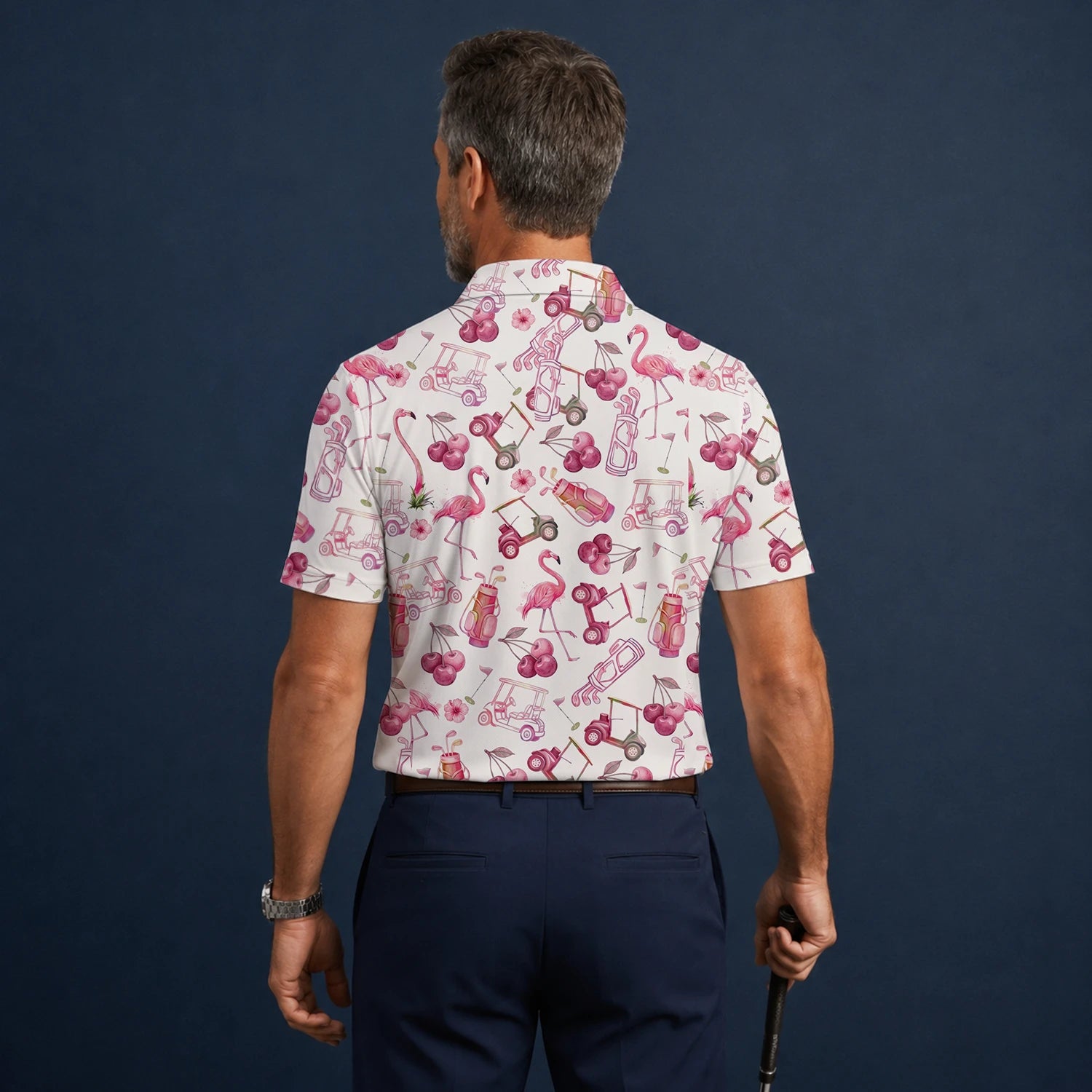 Personalisiertes Golf Poloshirt Creme Rosa Flamingo Golfcart Cocktail Design für Herren T9296