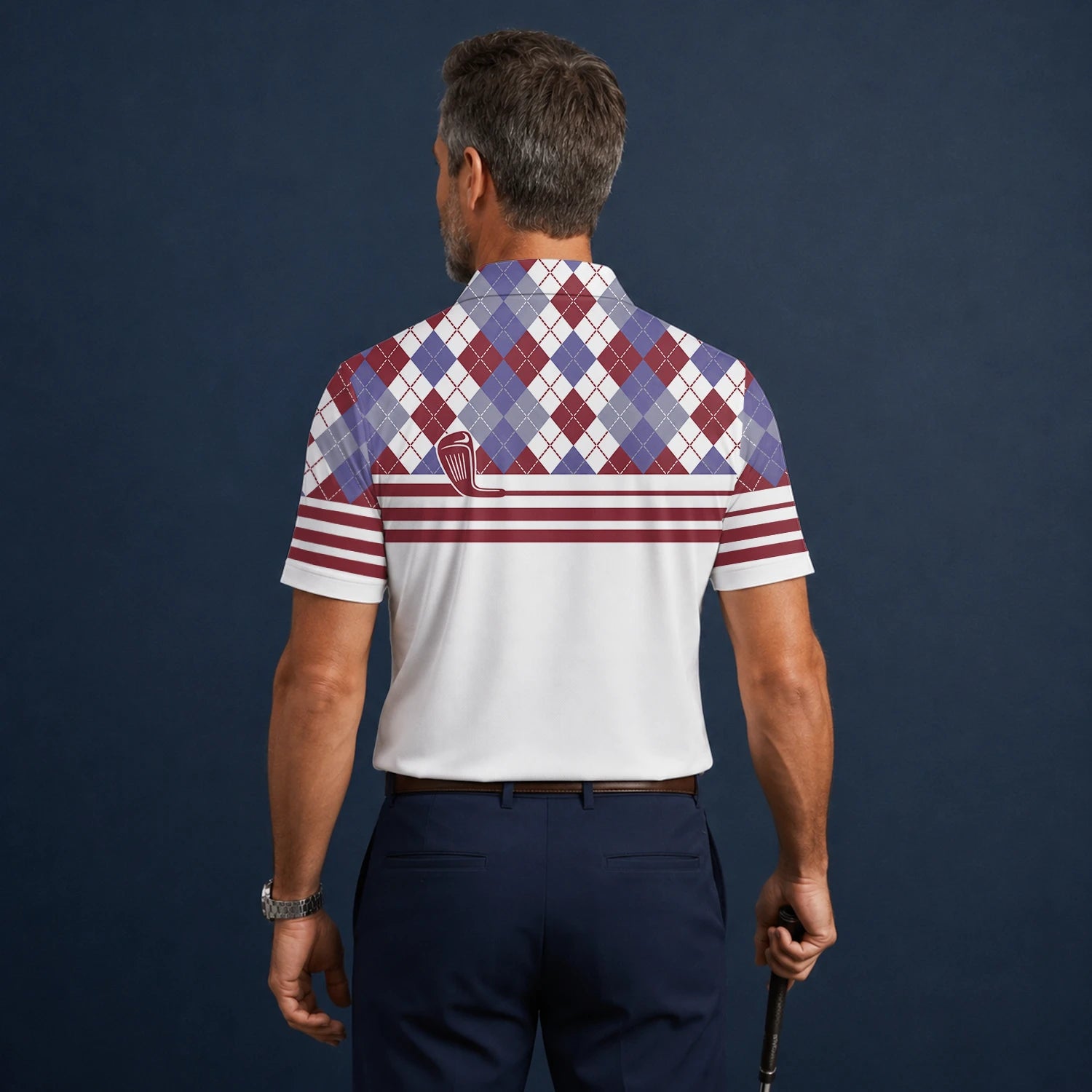 Personalisiertes Golf Poloshirt Weiß Bordeaux Rauten Golfschläger Streifen Design für Herren K9019