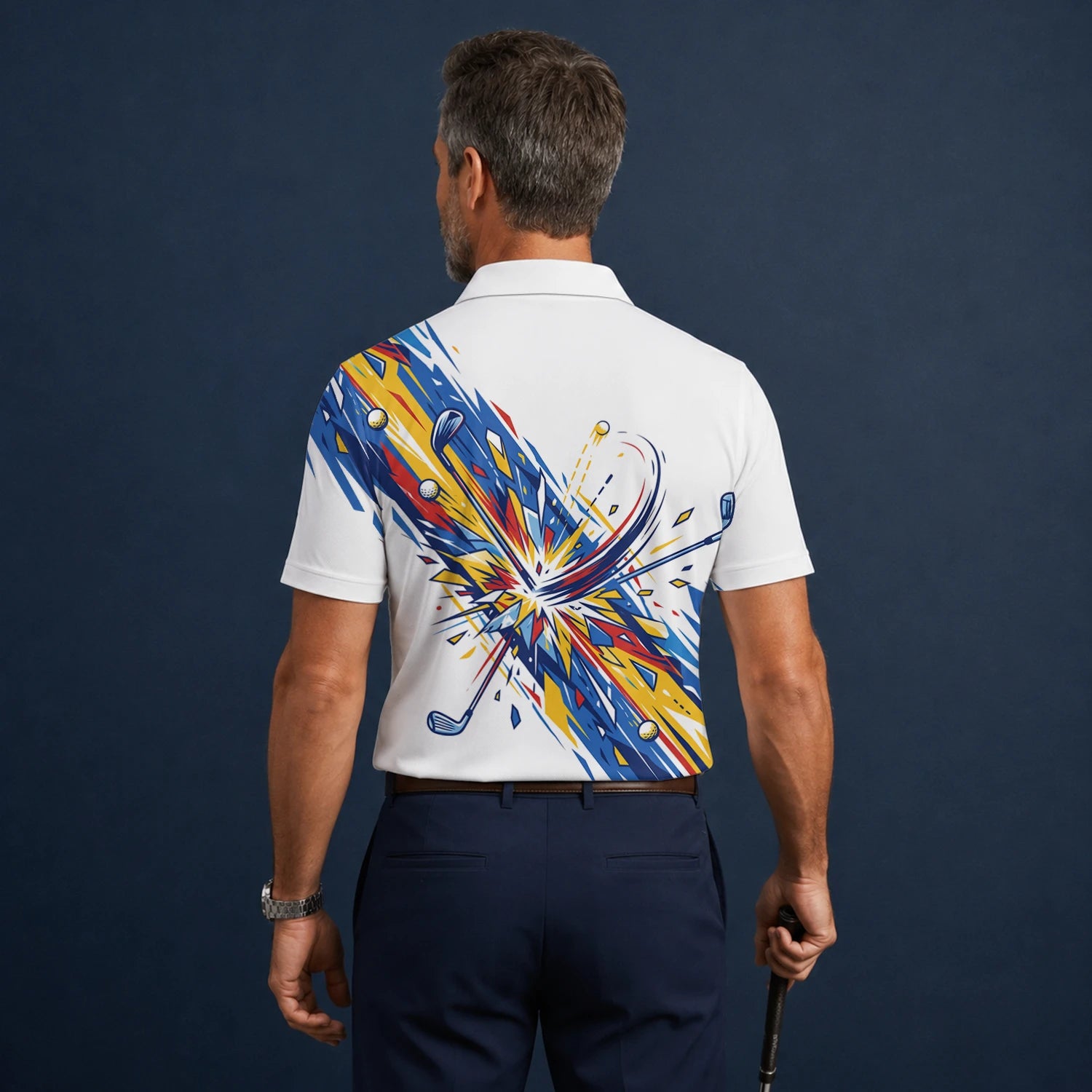 Personalisiertes Golf Poloshirt Weiß Blaues Golf Schwung Grafik Design für Herren B2869