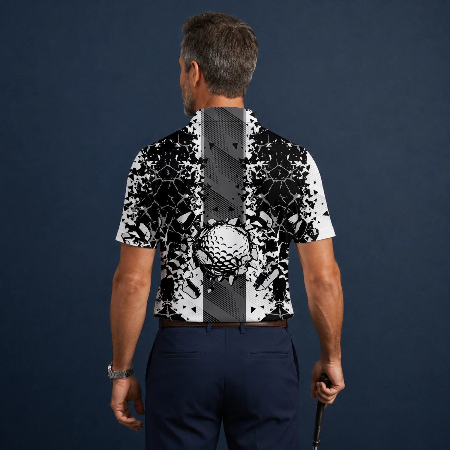 Personalisiertes Golf Poloshirt Schwarz Weißes Golfball Glassplitter Design für Herren F6407